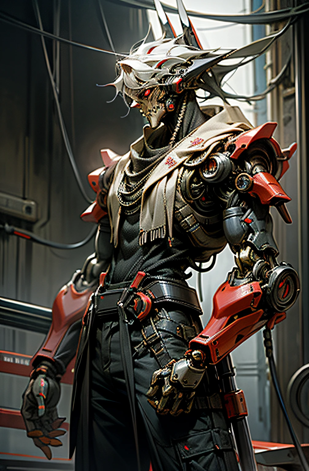 Dark_Fantasy,Cyberpunk,(chain saw,chain saw man,Red:1.1),1man,Mechanical marvel,Robotic presence,Cybernetic guardian,