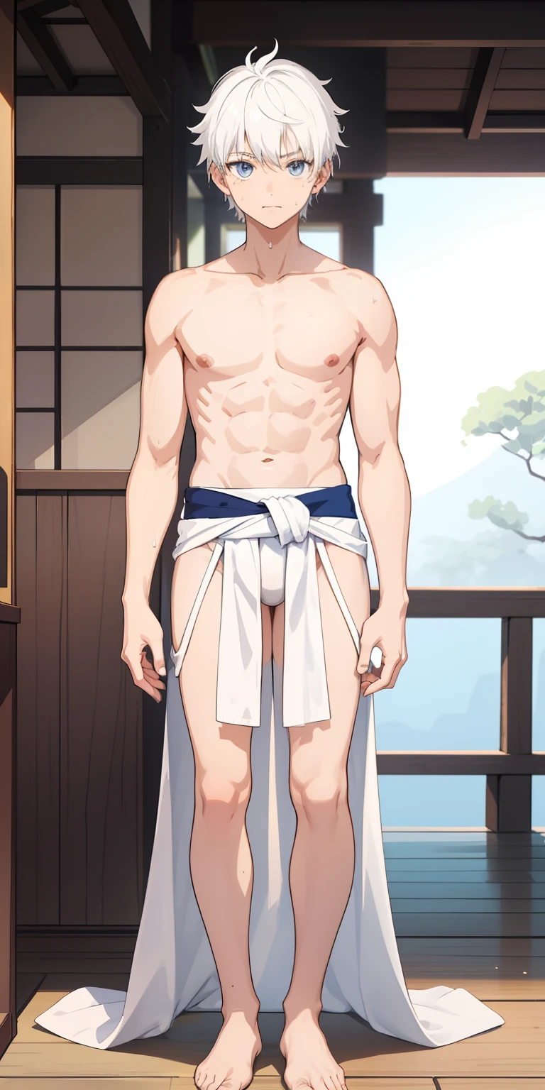 1boy, glowing, sidelighting, wallpaper,masterpiece, best quality, high quality,10yo, male focus, full body, looking at viewer, white hair,spiky hairstyle, short hair, steam smork, japan style, anime coloring, shy, home muji style, detailed face, topless, white towel on waist,white silk, outdoor, sweat