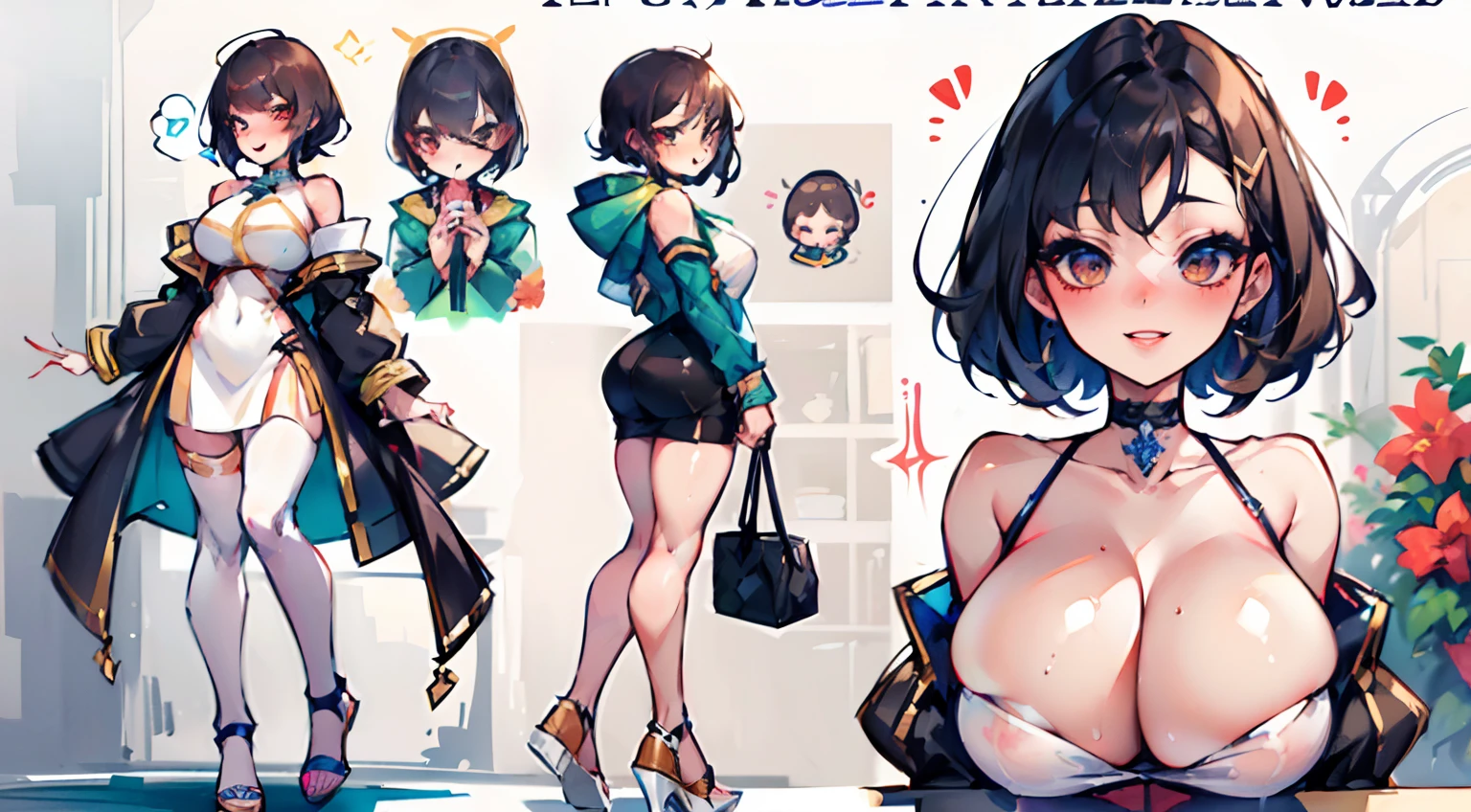 Beautiful girl with brown hair,Wear a white and brown hooded tunic,Bare legged,Brown high heels,Wear a circle of flowers and plants on your head,short detailed hair,Wear a white hairpin,With a bright and healing smile,Wave to the camera,Brown high-heeled sandals,Ruddy complexion,epic exquisite character art, Amazing characters,,character design sheet,(reference sheet:1.5)