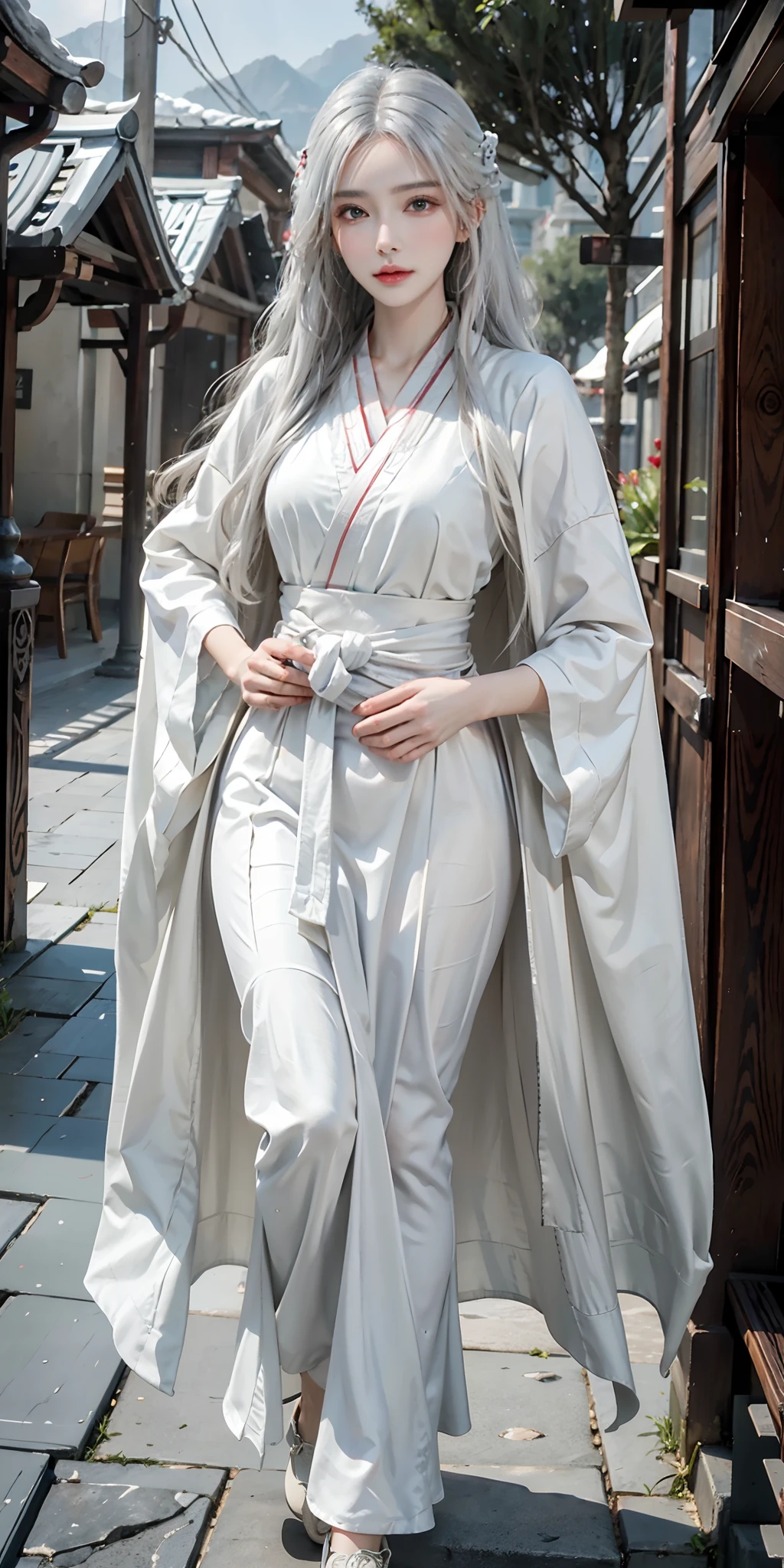 photorealistic, high resolution, soft light,1women, solo, hips up, shining skin, (detailed face), jewelry, white hair, wavy hair, colorful hanfu, cloak, outdoor, snowy
