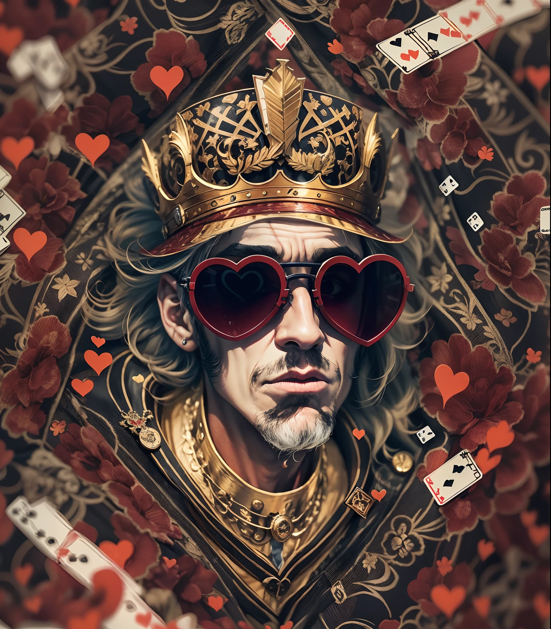 Em um luxuoso cassino, Um homem de oculos deslumbrante usa um terno preto. embodying the royal presence of a King of Hearts. Rodeado por um pano de fundo de cartas de poker e fichas, Demonstrates confidence , convidando os jogadores a testar sua sorte e habilidades no jogo de azar. fundo preto