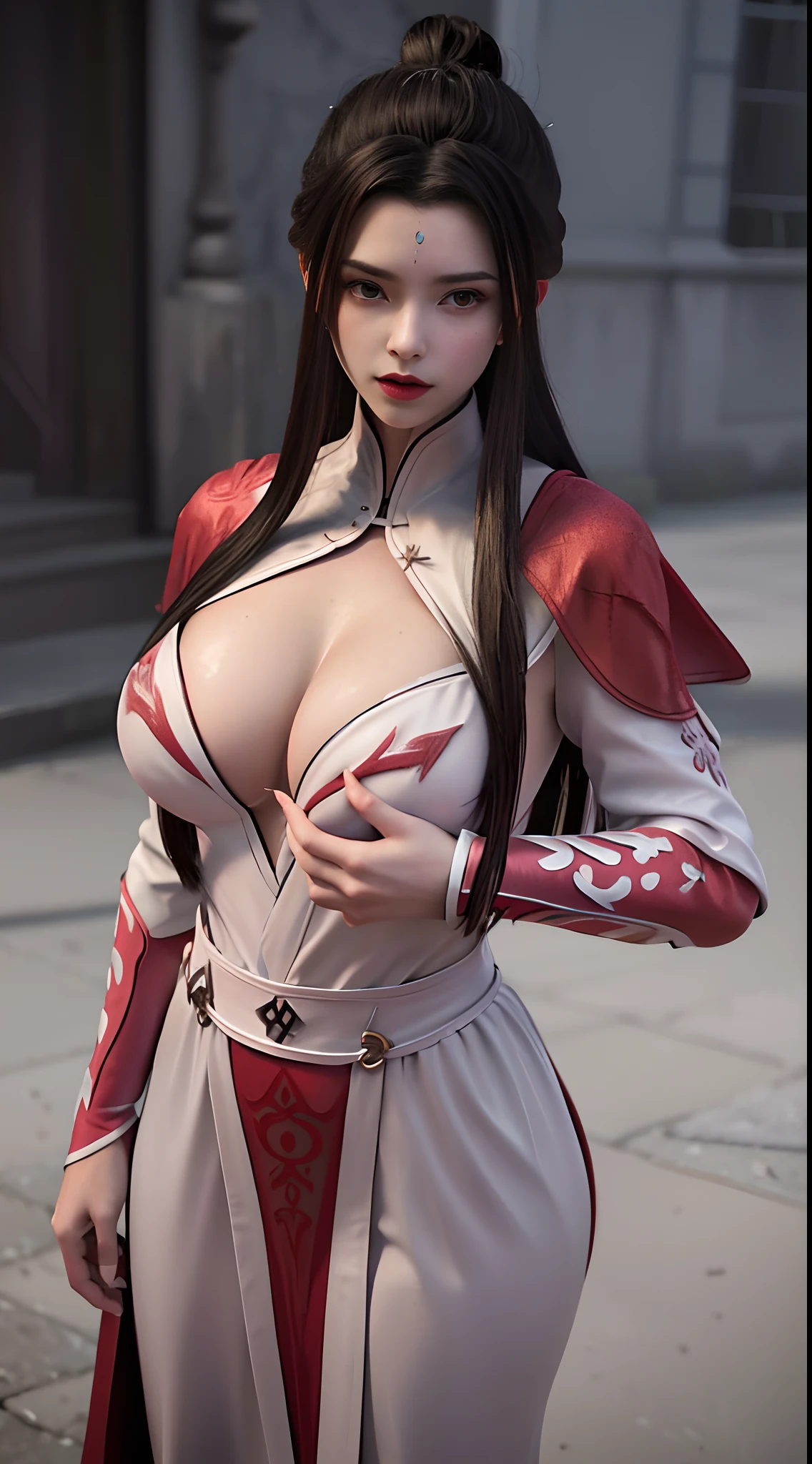 weak light, physically-based rendering, upper body, 1 girl, luxueqi, solo, looking at viewer, very huge breast, breasts out, breasts focus,sexy pose, shinny skins,ultra high res, (photorealistic:1.4), raw photo,16K,dramatic lighting, film grain,black Armor and red robe,black Armor and red robe,a red mole on brow