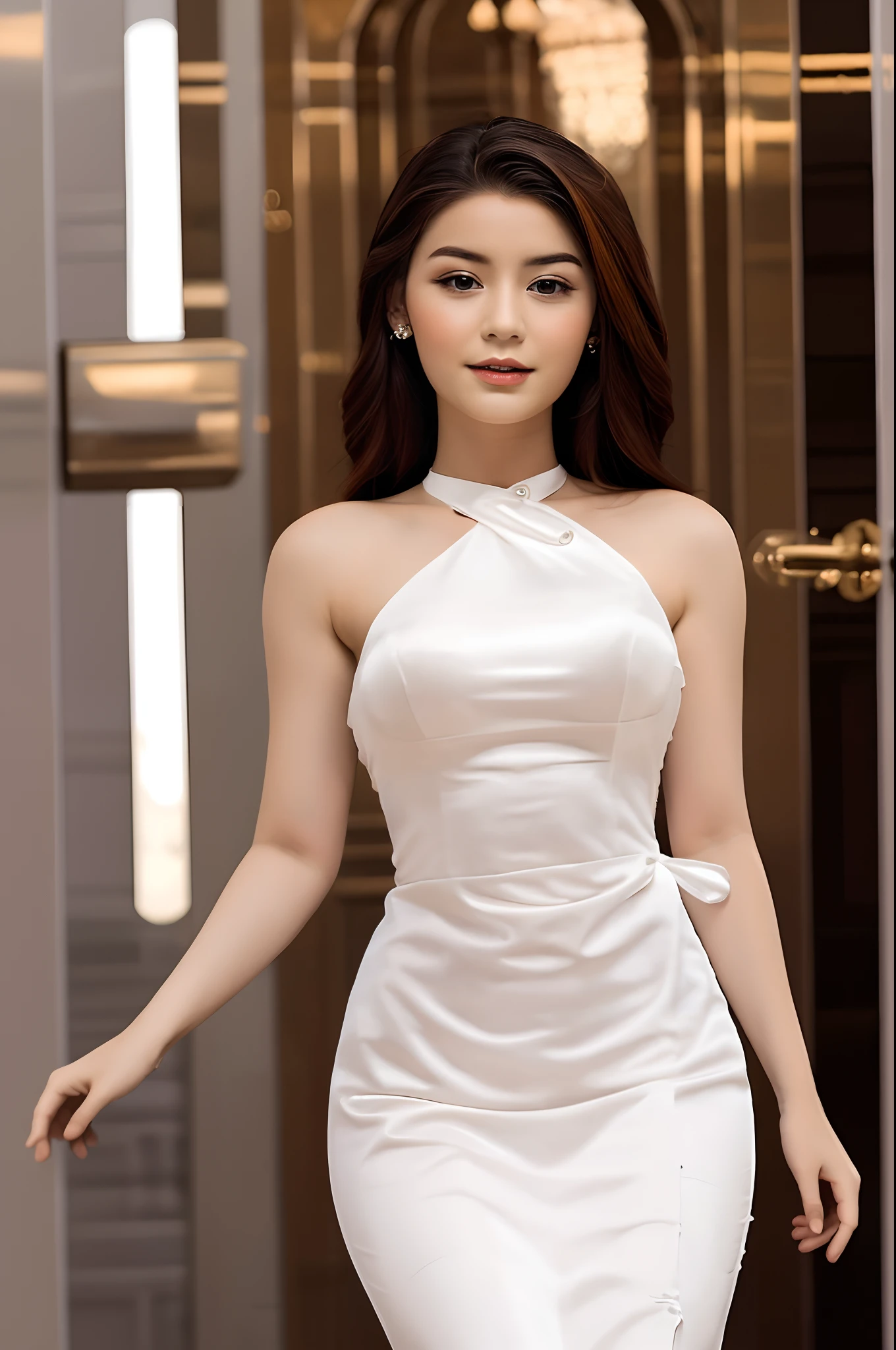 "Beautiful girl wearing elegant attire."