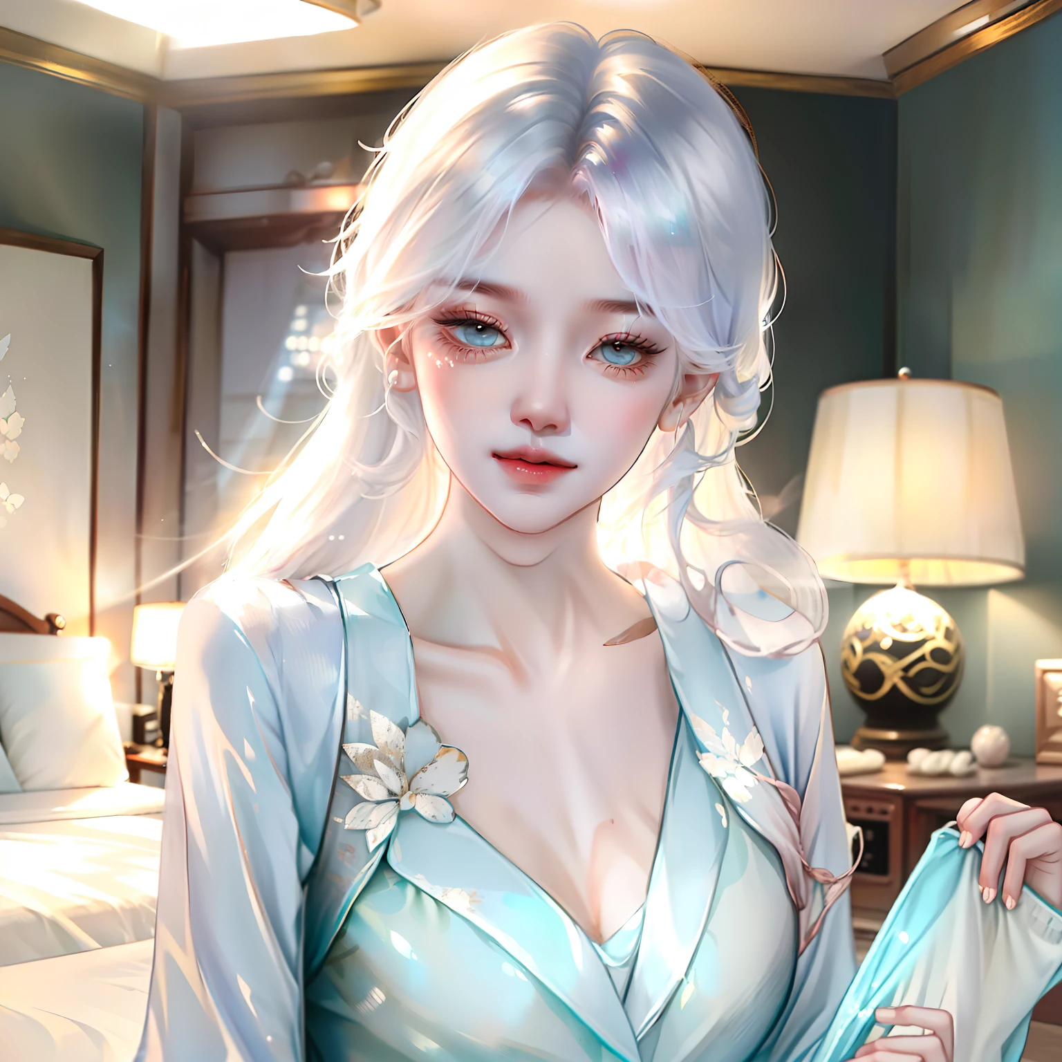 A young woman，She wore a pale cyan silk pajamas。Pajamas have a short hem，A pair of straight white legs。Under the lights，Shimmering with an alluring light。And on her feet，Also a pair of home slippers。