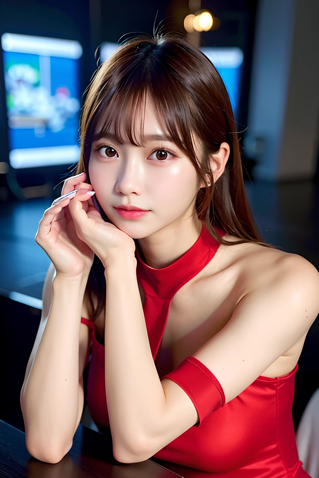 Ace, 4k, High Resolution, Masterpiece, Best Quality, Head: 1.3, (Korean K-pop Idol), Delicate Skin, Sharp Focus, (Cinema Lighting), Clavicle, Morning, Soft Light, Dynamic Angle, [:(detailed face:1.2):0.2], armpit wrinkles, thigh gap, red dress, slim, mid-chest, cleavage, full body,