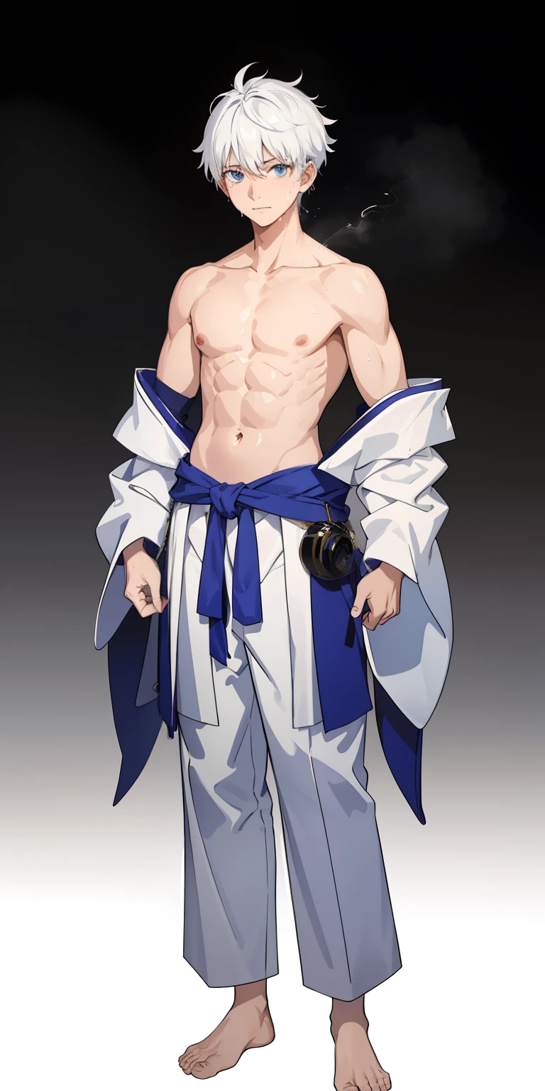1boy, glowing, sidelighting, wallpaper,masterpiece, best quality, high quality,yo, male focus, full body, looking at viewer, white hair,spiky hairstyle, short hair, steam smork, japan style, anime coloring, shy, home muji style, detailed face, topless, white towel on waist,white silk, outdoor, sweat
