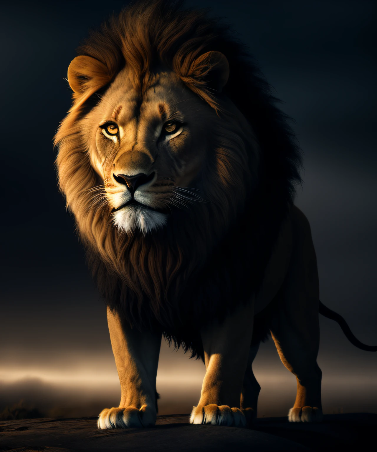 a lion, epic, hdr, hyperdetailed, cinematic, muted colors, foggy bg
