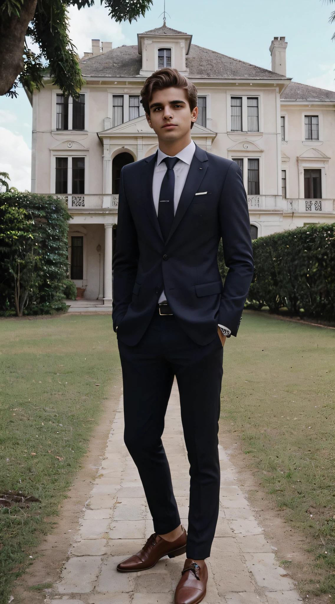 Foto de um jovem homem , de gravata , suit and mansion in the background