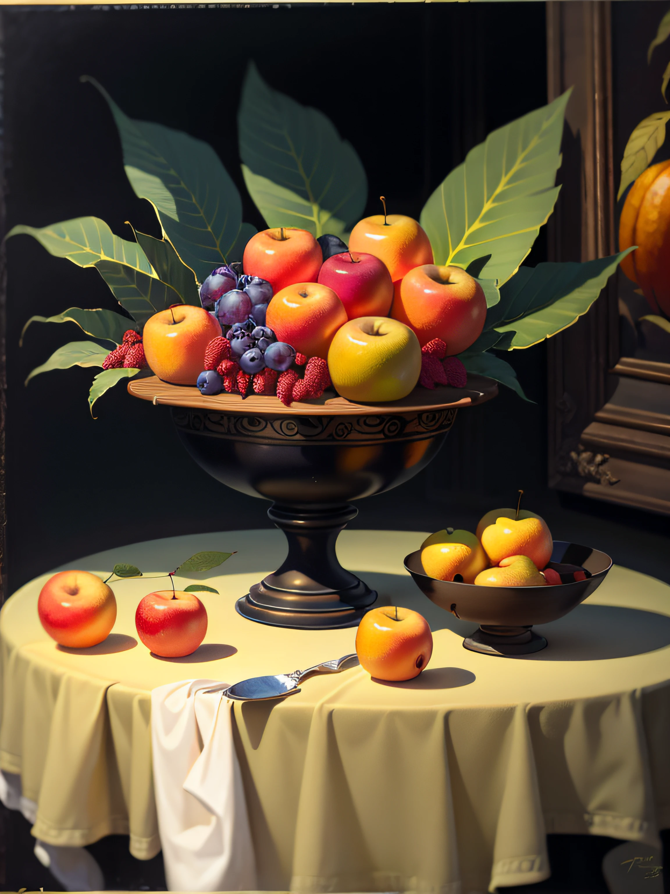 painting of a still life of fruit on a table with a leaf, still life painting, (a bowl of fruits)!!!!!!!!!, pain in oil, painting in oil!!!, fruits, by Perin del Vaga, style of oil painting, oil art, painted in oil colors, intricate oil painting, oil painting