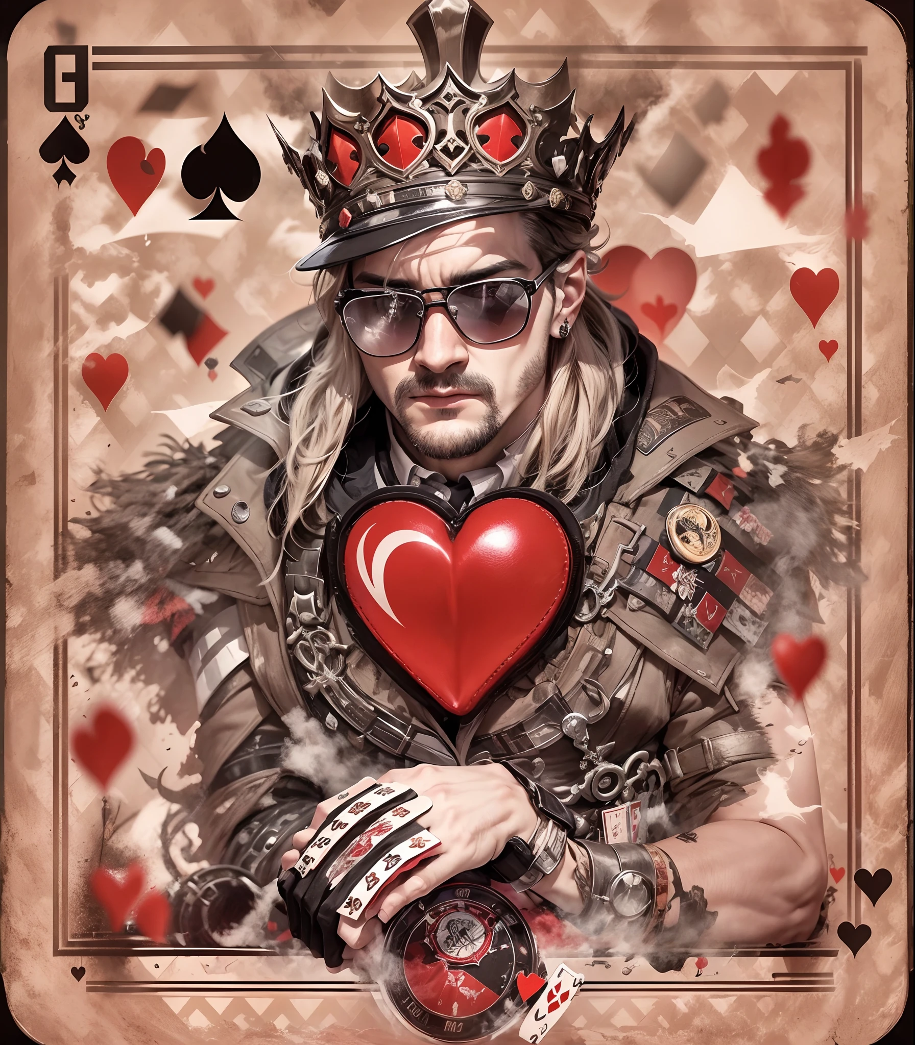 Em um luxuoso cassino, Um homem de oculos deslumbrante usa um terno preto. embodying the royal presence of a King of Hearts. Rodeado por um pano de fundo de cartas de poker e fichas, Demonstrates confidence , convidando os jogadores a testar sua sorte e habilidades no jogo de azar. fundo preto