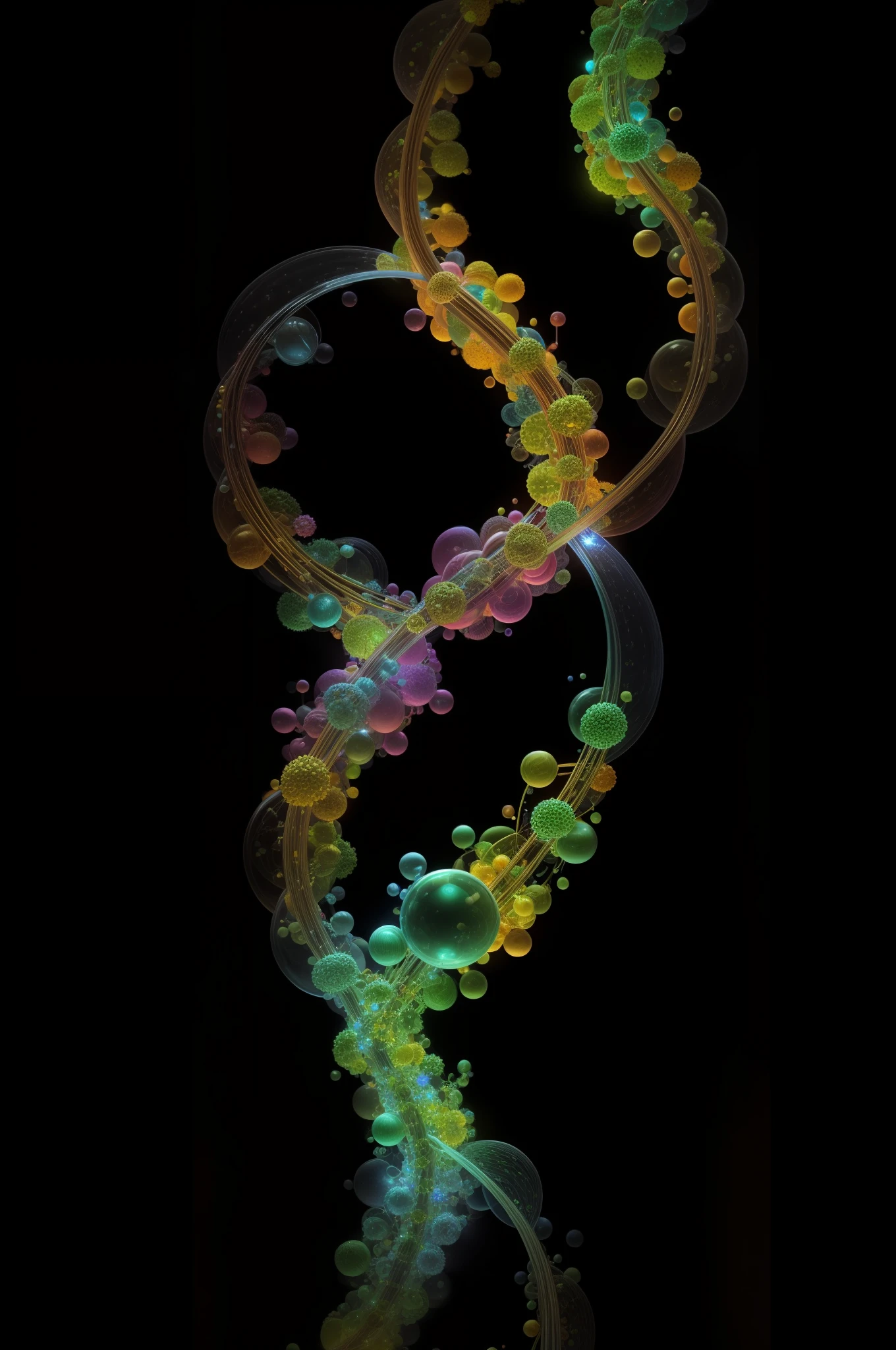 In a futuristic laboratory, a stunning molecule display takes center stage. Bathed in soft light, it showcases essential molecules for human survival. The DNA's elegant double helix gleams, surrounded by bustling proteins and vigilant antibodies. Water molecules dance, a lipid bilayer stands guard, and mitochondria emit energy. RNA strands transcribe life's symphony while chloroplasts capture light's essence. Impeccably detailed, this artwork embodies the molecules' significance in a tactile and awe-inspiring experience.