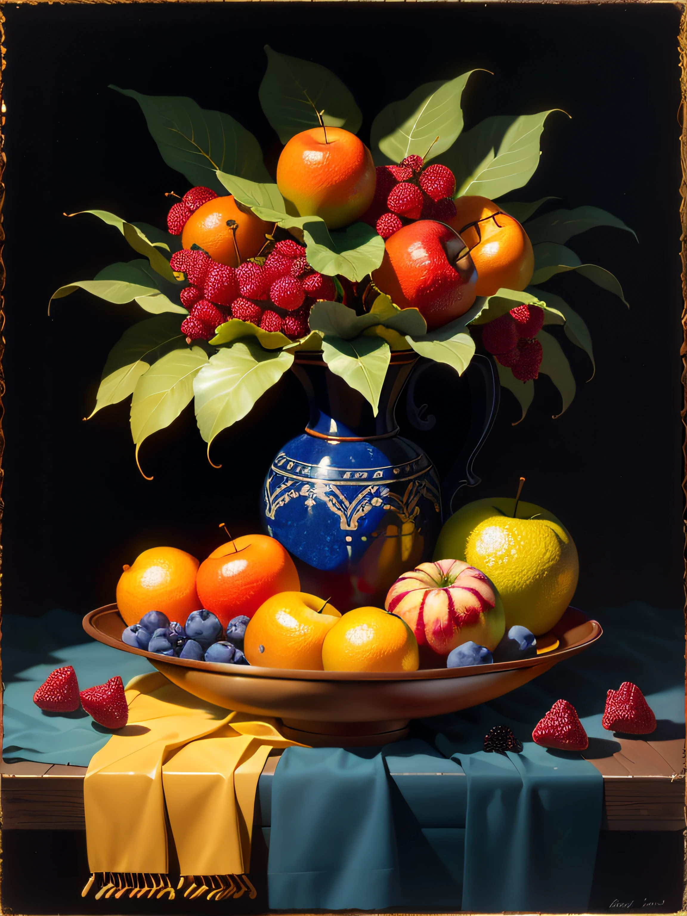 painting of a still life of fruit on a table with a leaf, still life painting, (a bowl of fruits)!!!!!!!!!, pain in oil, painting in oil!!!, fruits, by Perin del Vaga, style of oil painting, oil art, painted in oil colors, intricate oil painting, oil painting