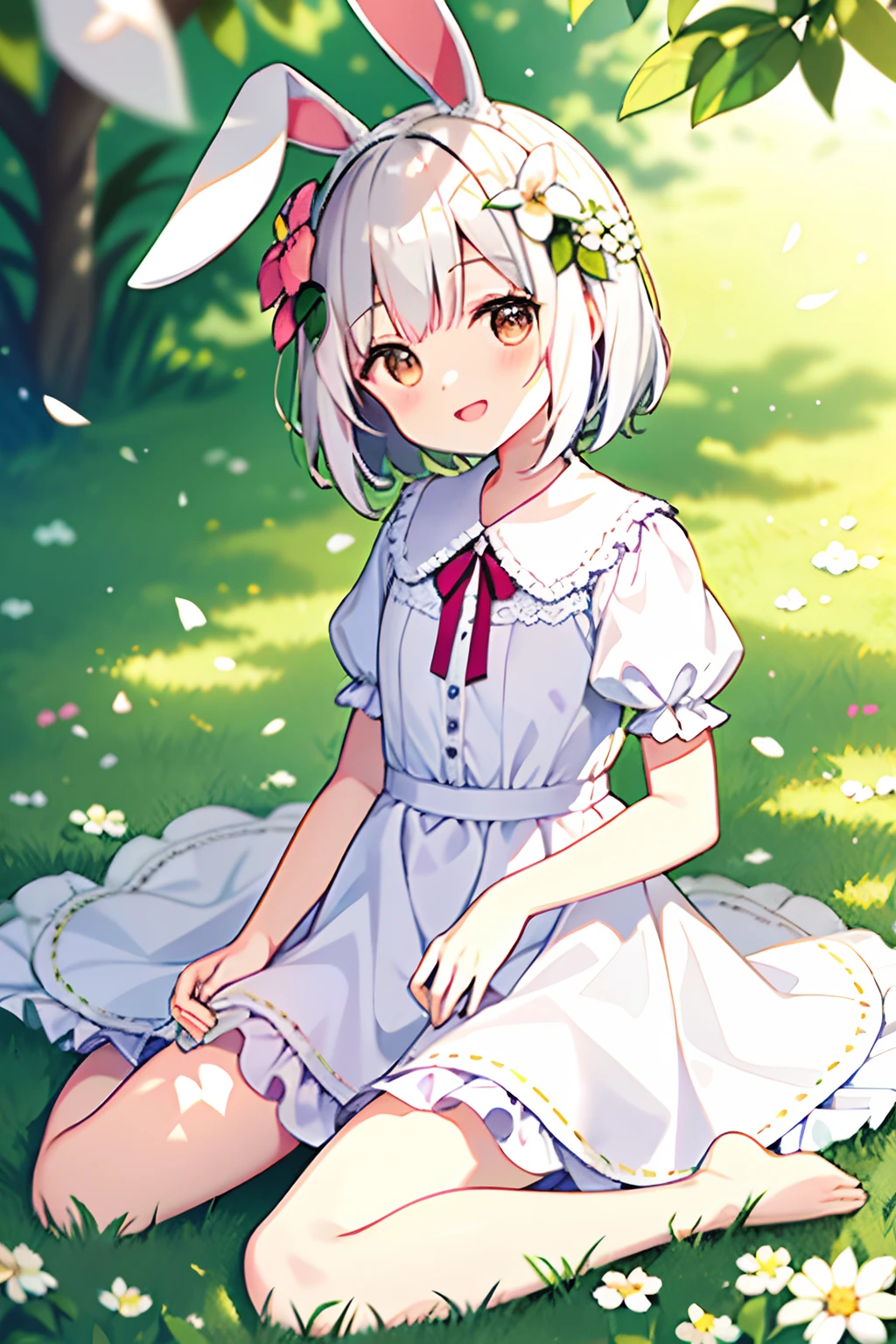 ((masterpiece,best quality)),1girl, solo, animal ears, rabbit, barefoot, knees up, dress, sitting, rabbit ears, short sleeves, looking at viewer, grass, short hair, smile, white hair, puffy sleeves, outdoors, puffy short sleeves, bangs, on ground, full body, animal, white dress, sunlight, brown eyes, dappled sunlight, day, depth of field