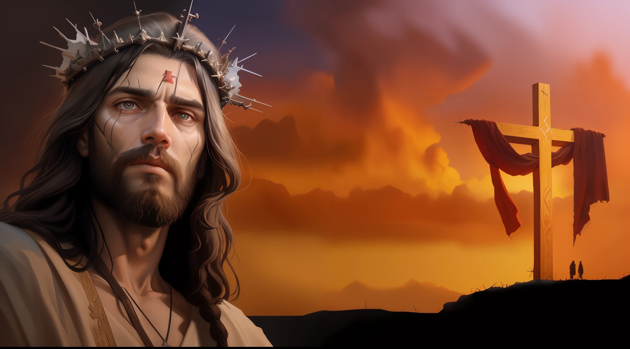 Jesus with a crown of thorns on his head and a cross in the background, jesus of nazareth, Jesus Cristo, Retrato de Jesus Cristo, Jesus, O Senhor e Salvador, Rei dos Reis, rosto de Jesus, coroa de espinhos, Directed by: Juan O'Gorman, Jesus Gigachad, pintado digitalmente, 8 k hd detailed oil painting, kramskoi 4 mil