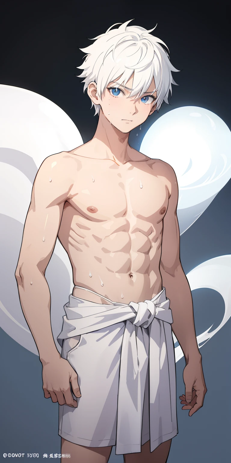1boy, glowing, sidelighting, wallpaper,masterpiece, best quality, high quality,, male focus, full body, looking at viewer, white hair,spiky hairstyle, short hair, steam smork, japan style, anime coloring, shy, home muji style, detailed face, topless, white towel on waist,white silk, outdoor, sweat