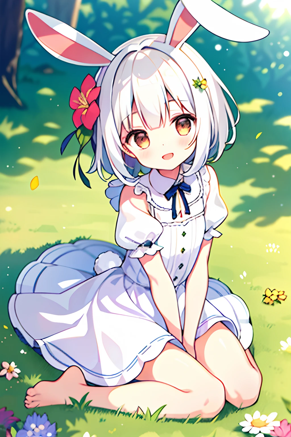 (masterpiece,best quality), 1girl,ite,flat chest, solo, solo focus, (animal ears, rabbit ears), barefoot, knees up, dress, sitting, short sleeves, looking at viewer, grass, short hair, smile, white hair, puffy sleeves, outdoors, puffy short sleeves, bangs, on ground, full body, animal, sunlight, brown eyes, dappled sunlight, day, depth of field, open mouth, (flower, hair flower), w, wariza, white dress