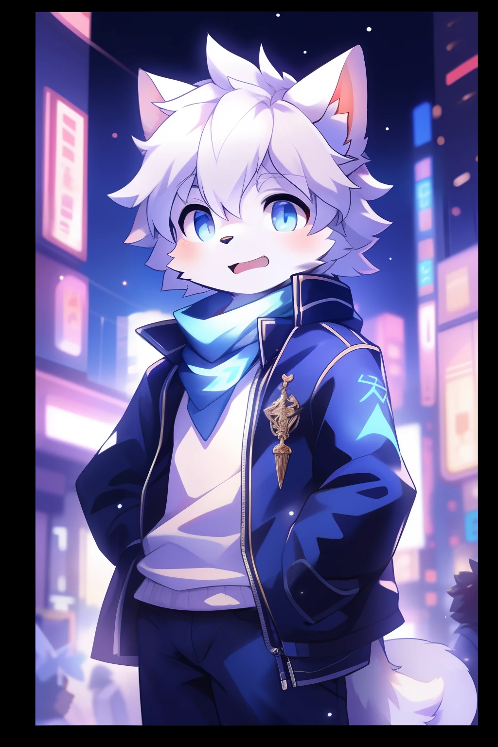 Highest picture quality，Delicate painting style，Delicate hook lines，Masterpieces，Fine skin，Delicate hair，Delicate hands，Delicate eyes，Normal eyes，White cat ears，shaggy，Blue eyes，Handsome，（（White scarf）），Cat style，Shota，Cyberpunk, Blue pupils, Night view of the city, , Dappled light and shadow, Boy，Shota，There are bright eyes of God，White fur，blue jacket，独奏，solo person