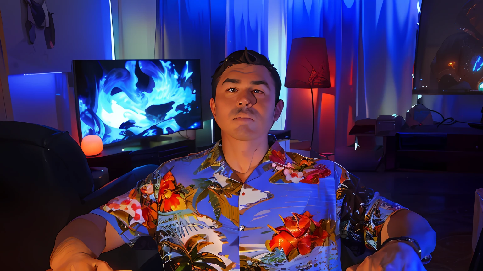 arafed man sitting in a chair in front of a tv, twitch streamer / gamer ludwig, waring a hawaiian shirt, youtube video screenshot, with hawaiian shirt, reddit post, greg rutkowski uhd 8k, chilling 4 k, 4 k post, 4k post, stocky, bottom angle, youtube thumbnail, linus tech tips, hawaiian shirt