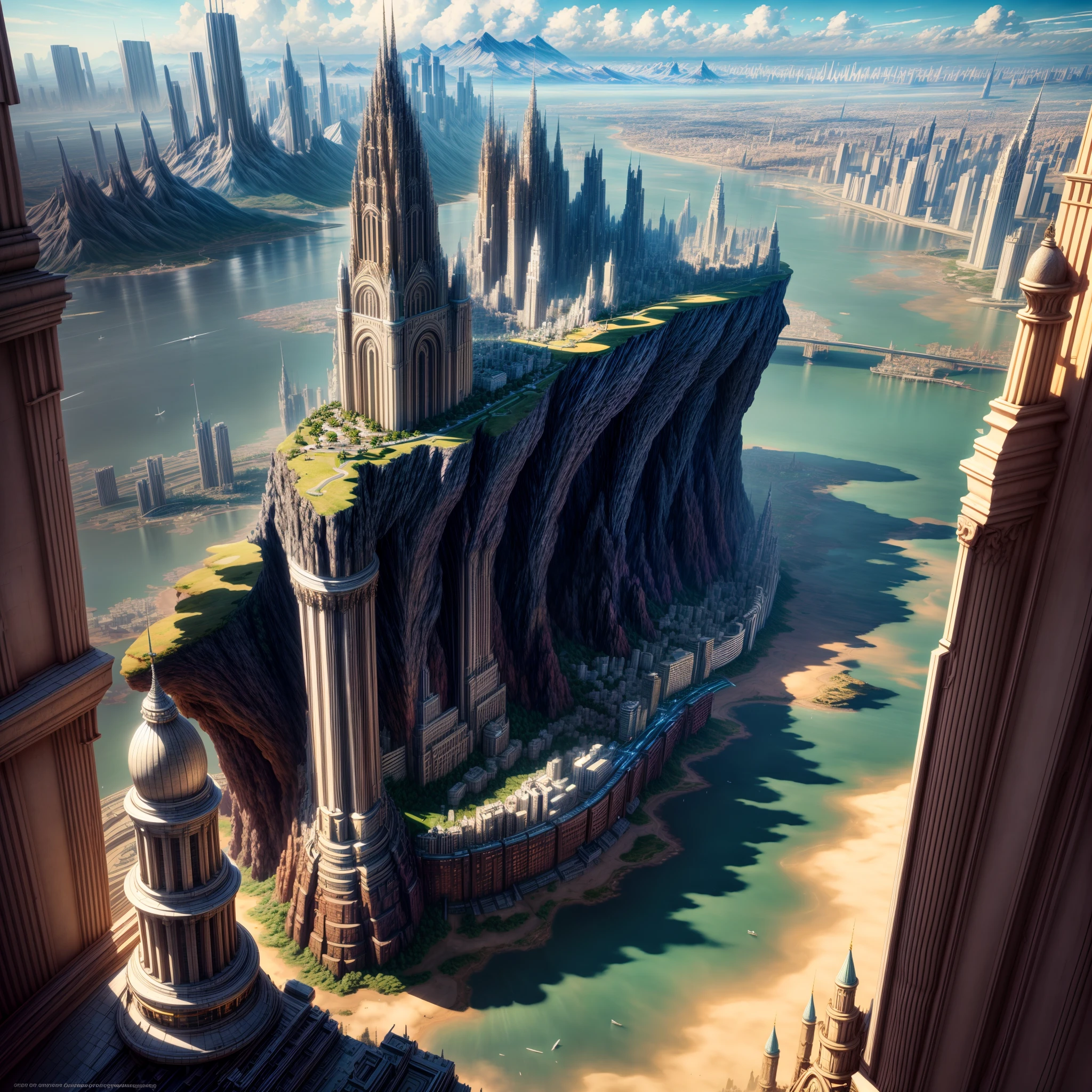 wide - angle shot, overlooking,A giant fantasy city in the distance ,Detailed and complex background, ultra realistic, high resolution, hyper HD,, reflective light, structurally correct, Award-Awarded, high detail, lighten shade contrast, cinematic lighting, masterpiece, super detailing, high quality, high detail, best quality, 16k,High contrast,