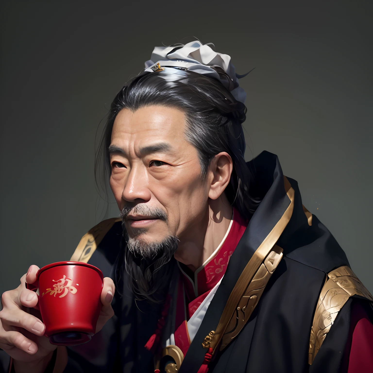 With a beard,Old Asian man holding brown cup in his hand, Wearing a black and white Taoist uniform,inspired by Wu Daozi, Inspired by Cao Zhibai, Inspired by Hu Zaobin, inspired by Li Kan, Masayoshi Suto and artgerm, Guan yu, inspired by Xuande Emperor, Portraits of ancient literati,