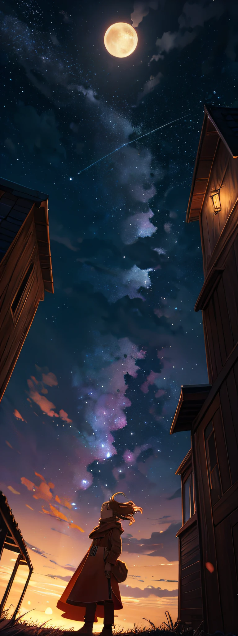Vast landscape photos, (from below, the sky above, open fields below), a boy standing on a flower field looking up, (Full Moon: 1.2), (Meteor: 0.9), (Nebula: 1.3), Distant Mountains, Trees BREAK Making Art, (Warm Light Source: 1.2), (Firefly: 1.2), Lamps, Lots of Purple and Orange, Intricate Details, Volumetric Lighting BREAK (Masterpiece: 1.2), (Best Quality), 4K, Ultra Detailed, (Dynamic Composition: 1.4), Detailed, Colorful, (Iridescent: 1.2), (Glow, Atmospheric Lighting), Dreamy, Fantastic, (Solo: 1.2)