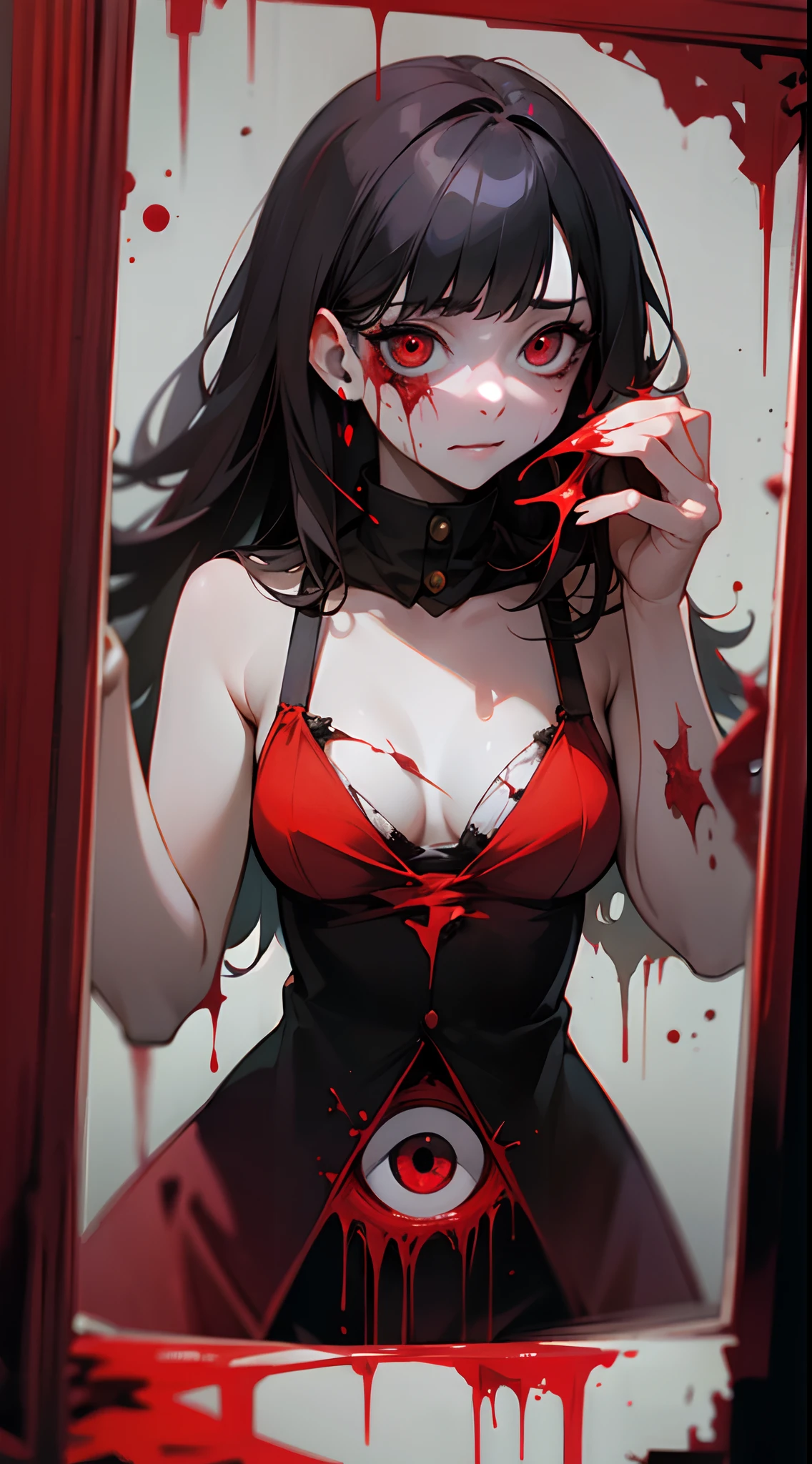 ((horror theme)),A dark-haired girl with a bleeding red bulging eye was looking in the mirror