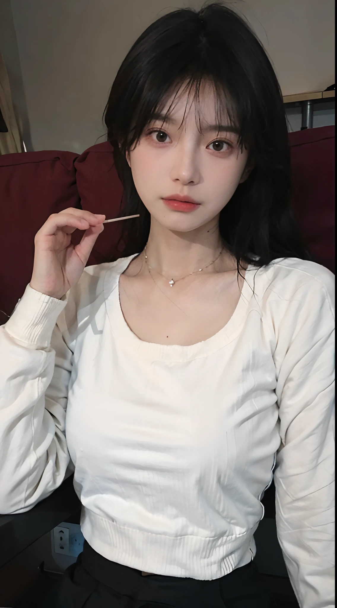 best qualtiy， 超高分辨率， （realisticlying：1.4），cute hairpin，Baoyu Girl，1girll，,Cropped red sweater ，，Beautiful woman with a slim figure:1.4, Abs:1.1, 浴室,Ultra-fine face，Elaborate Eyes，二重まぶた，choker necklace