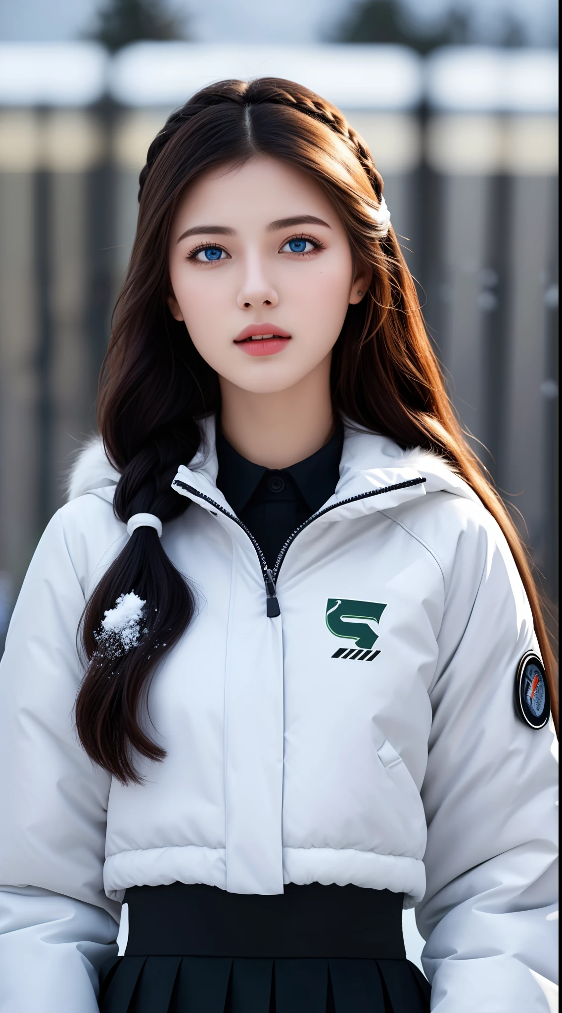 (hyperrealistic), (illustration), (high resolution), (8K), (extremely detailed), (best illustration), (beautiful detailed eyes), (best quality), (ultra-detailed), (masterpiece), (wallpaper), (photorealistic:1.4), (natural light), (rim lighting), (detailed face), high detailed realistic skin texture, anatomically correct, solo, 1 girl, (high detailed realistic long white hair:1.2), (two braided hair), heterochromic eyes, (detailed blue eyes), small moles under the eyes, (realistic big breasts:1.2), long legs, tight abs, dynamic pose, (closed mouth:1.2), (long white Parka with fur only at the collar), (upon body from head to thighs:1.2), (Beautiful Cute Pakistani Woman:1.55), (standing), (outdoor), (snow), (snowing), (winter), (black sport bra), (black tennis skirt),