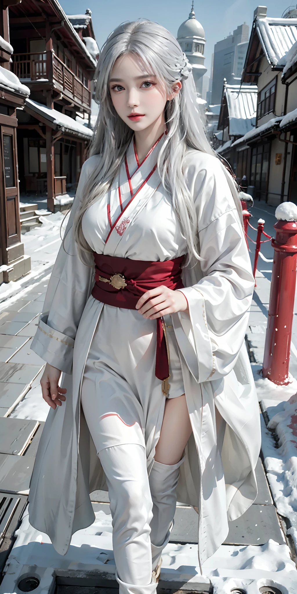 photorealistic, high resolution, soft light,1women, solo, hips up, shining skin, (detailed face), jewelry, white hair, wavy hair, colorful hanfu, cloak, outdoor, snowy