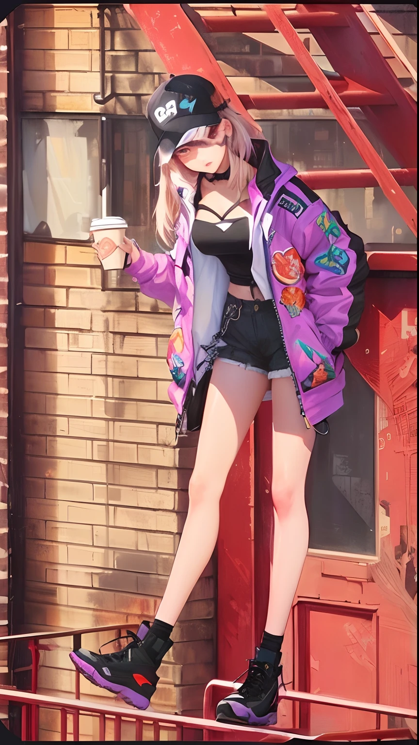 There is a woman who is standing on a ledge with a coffee, fanart menina urbana, Arte no estilo de Guweiz, estilo anime, Guweiz, retrato de corpo inteiro de um curto!, corpo inteiro:: tempo ensolarado::, soda themed girl, feito com anime painter studio, she is wearing streetwear, anime vibes, em um dia ensolarado, anime full body illustration