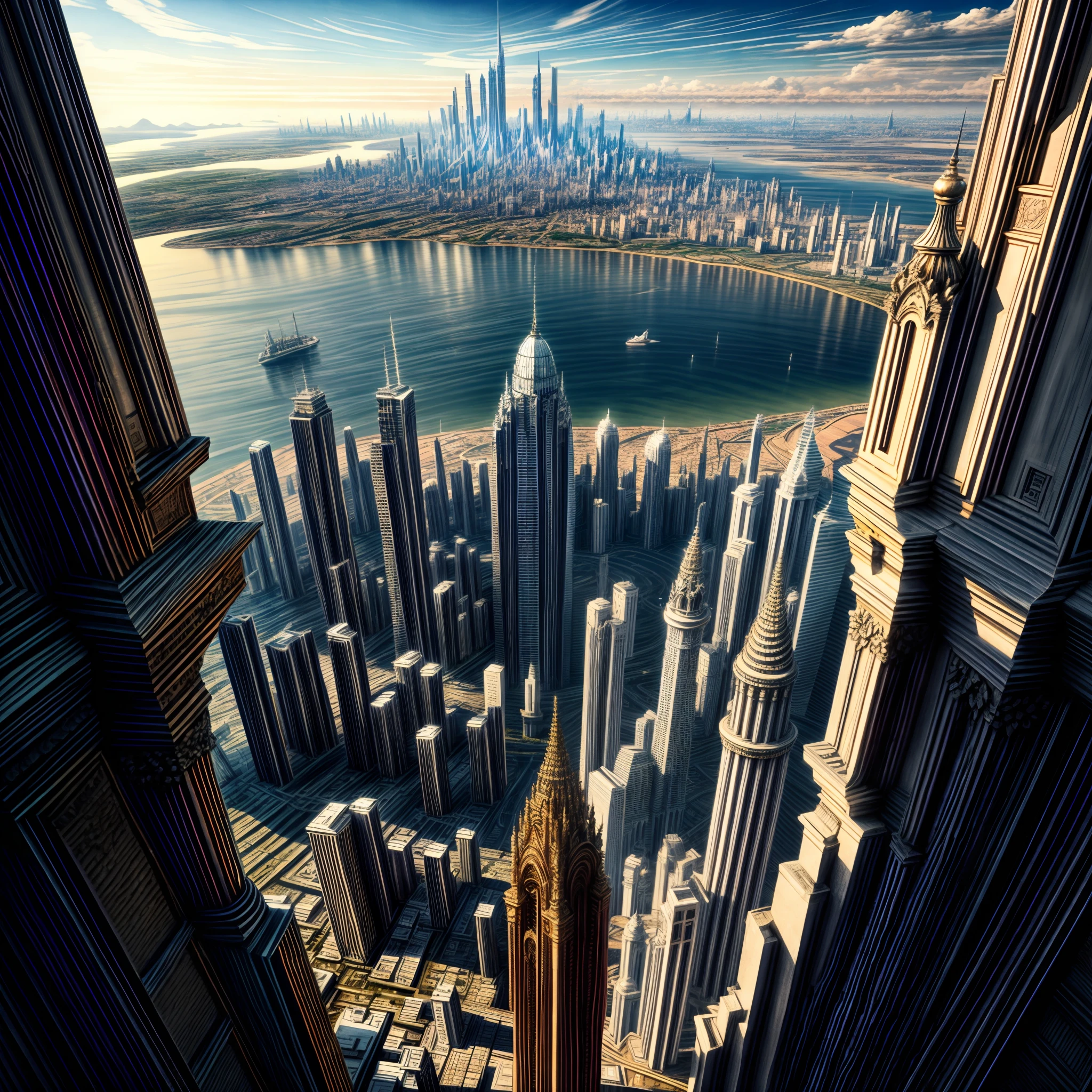 wide - angle shot, overlooking,A giant fantasy city in the distance ,Detailed and complex background, ultra realistic, high resolution, hyper HD,, reflective light, structurally correct, Award-Awarded, high detail, lighten shade contrast, cinematic lighting, masterpiece, super detailing, high quality, high detail, best quality, 16k,High contrast,