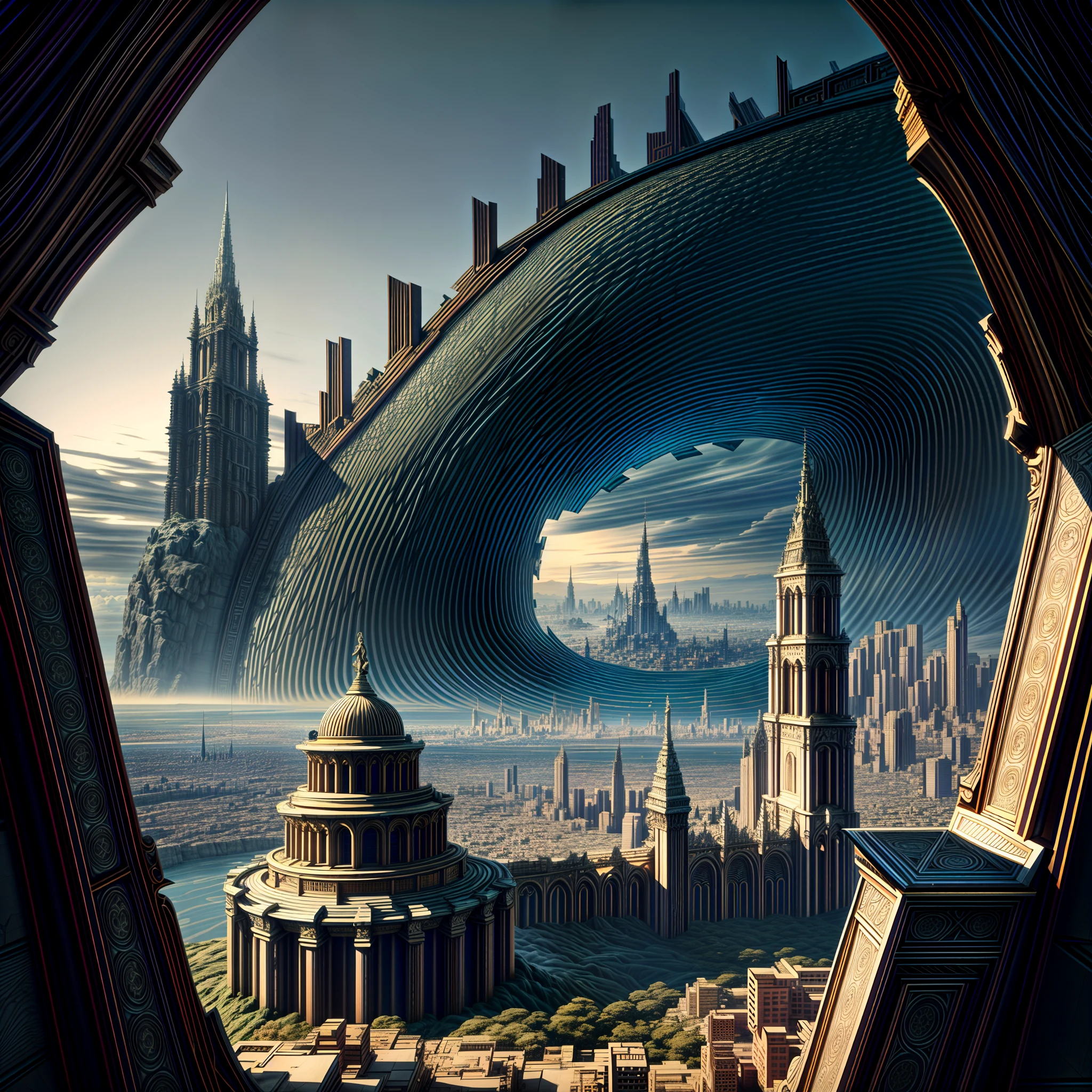 wide - angle shot, overlooking,A giant fantasy city in the distance ,Detailed and complex background, ultra realistic, high resolution, hyper HD,, reflective light, structurally correct, Award-Awarded, high detail, lighten shade contrast, cinematic lighting, masterpiece, super detailing, high quality, high detail, best quality, 16k,High contrast,