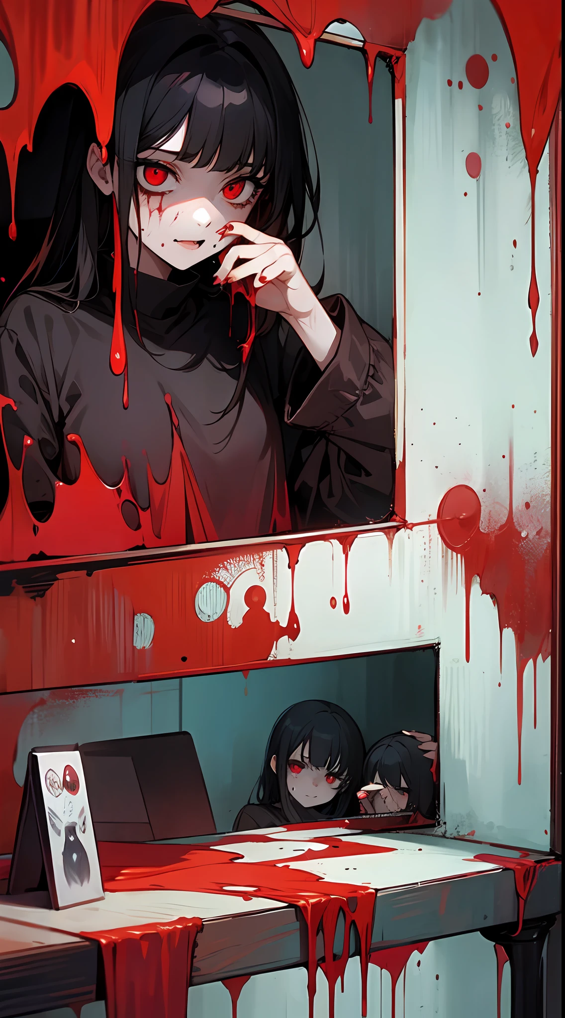 ((horror theme)),A dark-haired girl with a bleeding red bulging eye was looking in the mirror