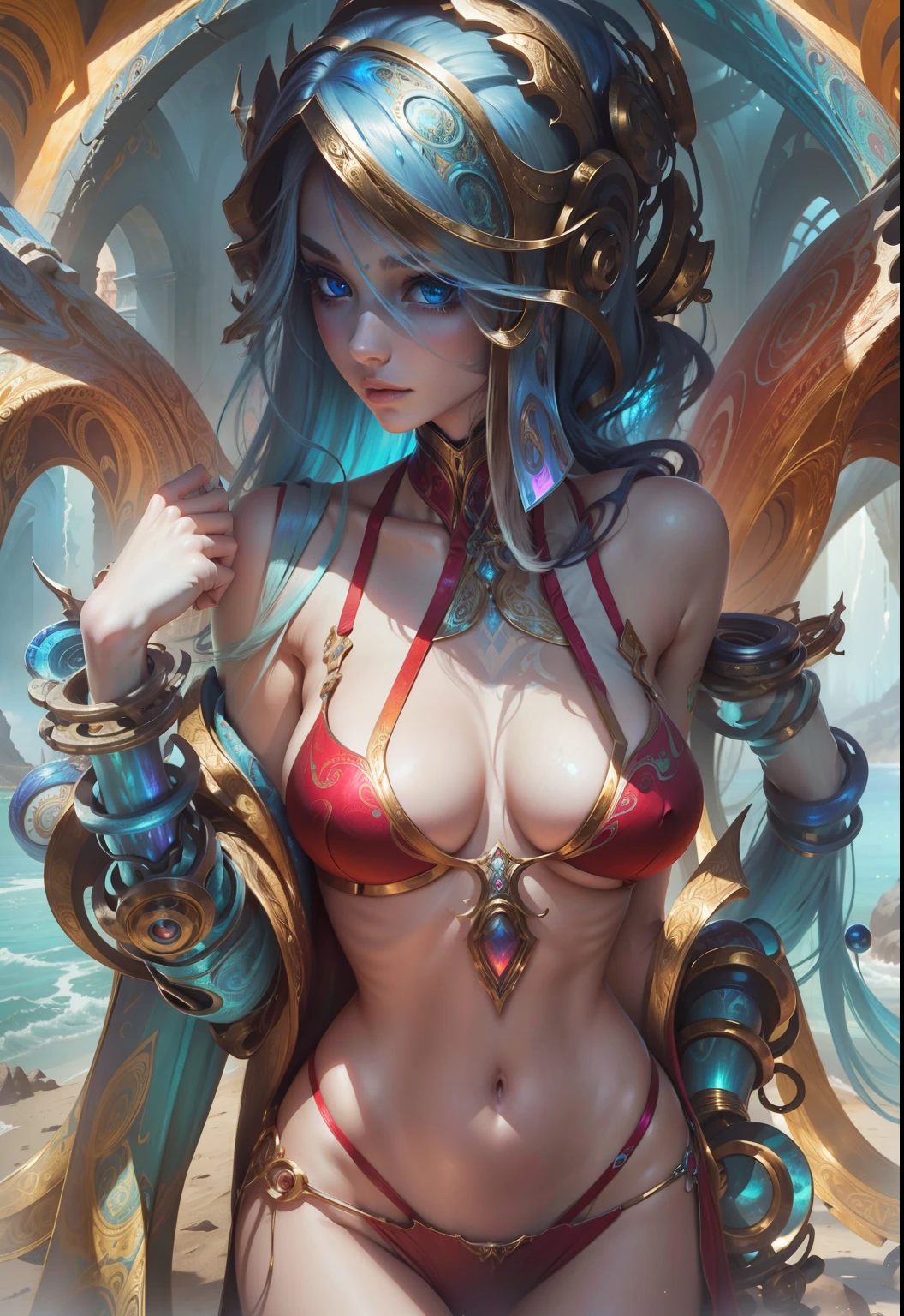 Masterpiece, Best Quality, Girls looking at each other , Slender, Blue Eyes, Hair Color, Iridescent, Long Hair Spreading, White Skin, Medium, Cute, Sexy, Near Future, Bikini, Exposed Skin, Night, Psychedelic, Trip, Extreme Color, Paisley Theme, Open Legs, Mechanical Left Arm, Full Body
