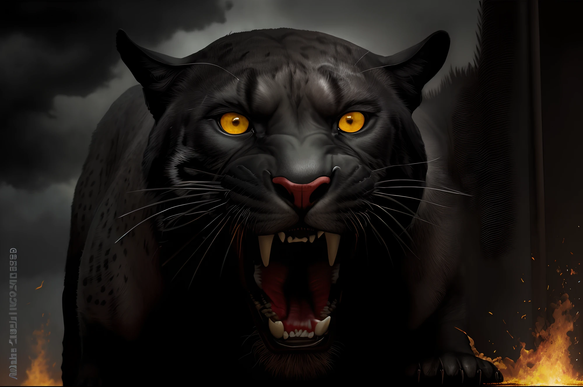 Black jaguar, dentes grandes, pelo preto, sem pintas, Pantera Negra e musculosa, boca aberta voraz, Look of Fury, Intimidando o Pantera Negra, garras afiadas, patas abertas, fundo em chamas, garras afiadas, patas com unhas compridas, BURNING SCENERY, Body on Imaginary Fire