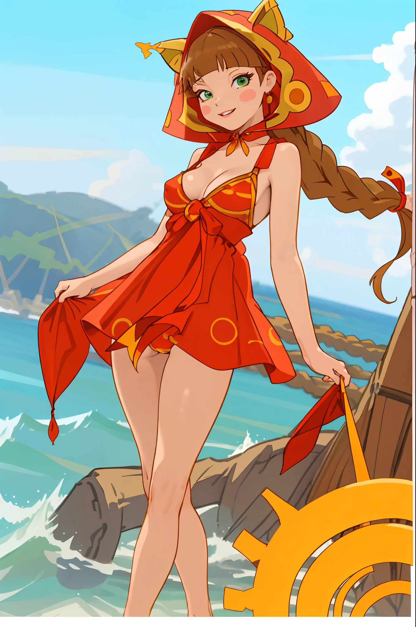 (Masterpiece, Best Quality, 1girl:1.2, 独奏:1.3), Lyubava, on the sea, in a thong, cleavage, Flirting, evil, стерва. Smile, Long hair, Green eyes, brown hair, braid, ((Little Red Riding Hood with yellow circles)), small headdress, Latex Bikini, white sleeves, blush stickers, freckles, Sunlight, large breasts, big thighs, thights, thongs, blue skies, The sea, action pose, TITTIES, semi transparent dress, sexy body, Little clothes, Ass