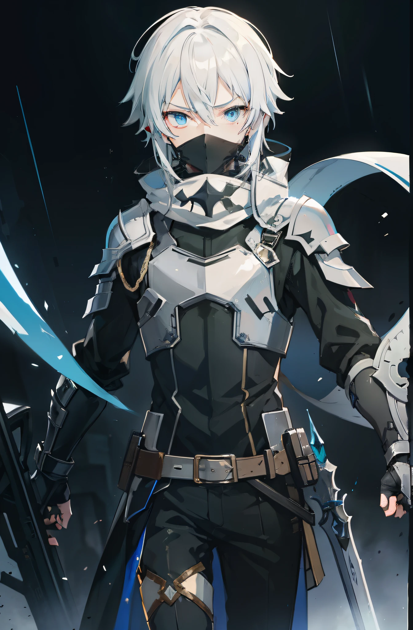 (masterpiece) In the virtual world of Sword Art Online, a dynamic and epic scene unfolds as a boy with artfully styled white hair and a mysterious mask covering his face confidently strides through a dark dungeon. His attire consists of intricately designed armor clothing that accentuates his powerful presence. In his hands, he wields a sleek sniper rifle, ready to take on any challenge that awaits.