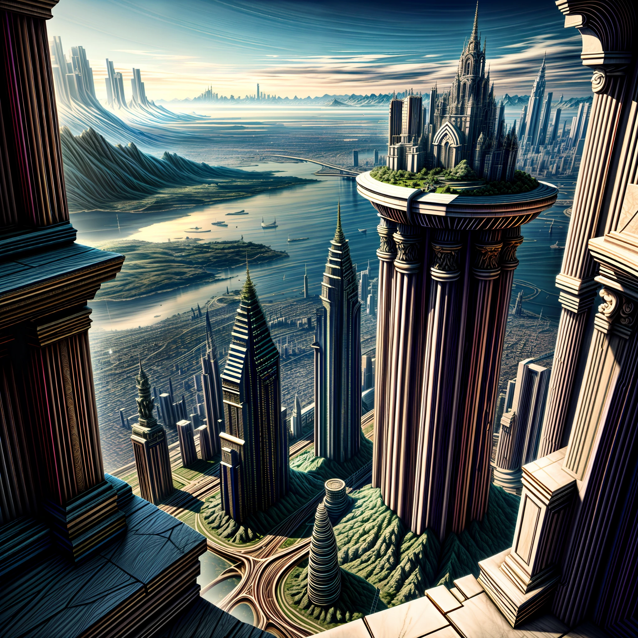 wide - angle shot, overlooking,A giant fantasy city in the distance ,Detailed and complex background, ultra realistic, high resolution, hyper HD,, reflective light, structurally correct, Award-Awarded, high detail, lighten shade contrast, cinematic lighting, masterpiece, super detailing, high quality, high detail, best quality, 16k,High contrast,