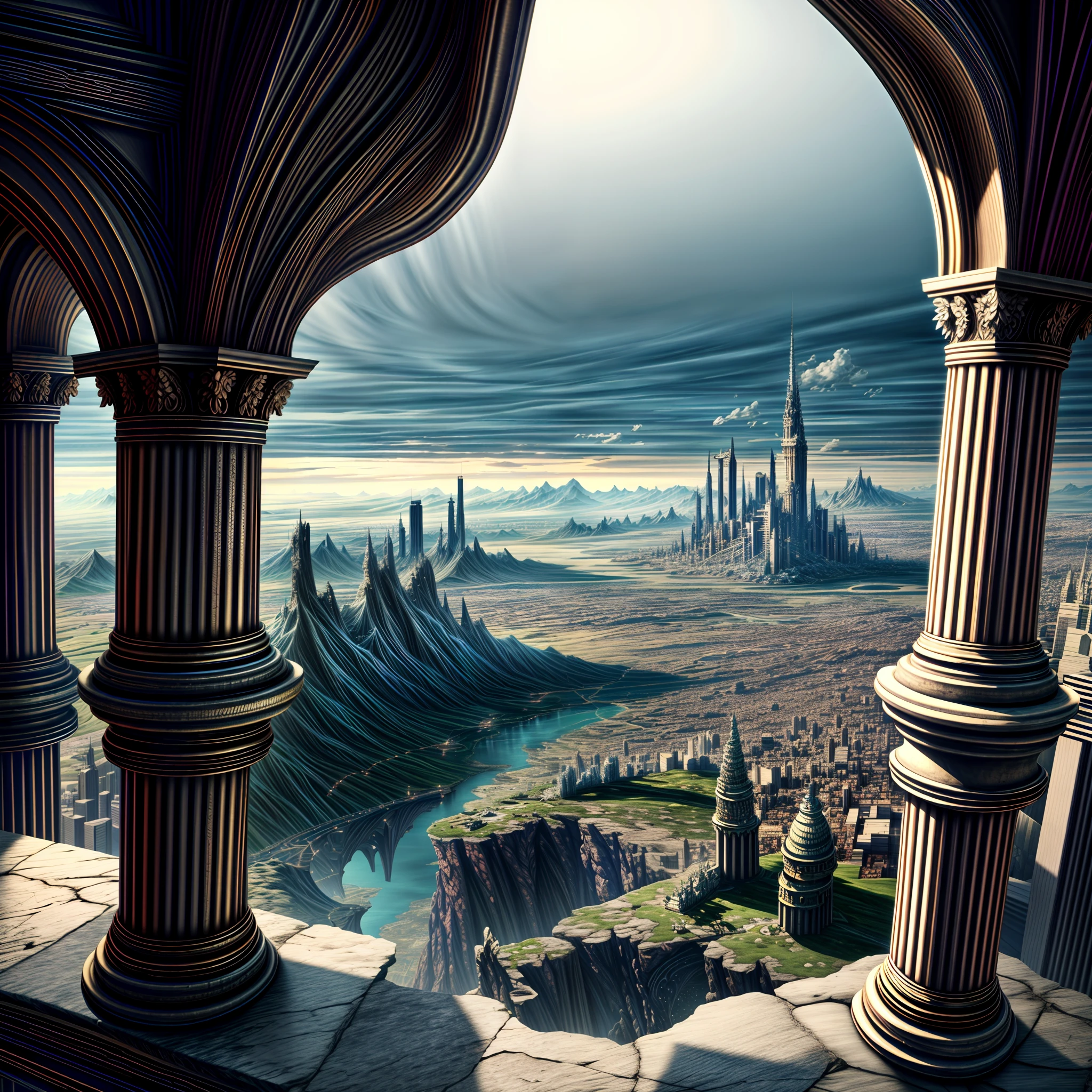 wide - angle shot， overlooking，A giant fantasy  city in the distance ，Detailed and complex background， ultra realistic, high resolution, hyper HD,, reflective light， structurally correct, Award-Awarded, high detail, lighten shade contrast, cinematic lighting, masterpiece, super detailing, high quality, high detail, best quality, 16k，High contrast,