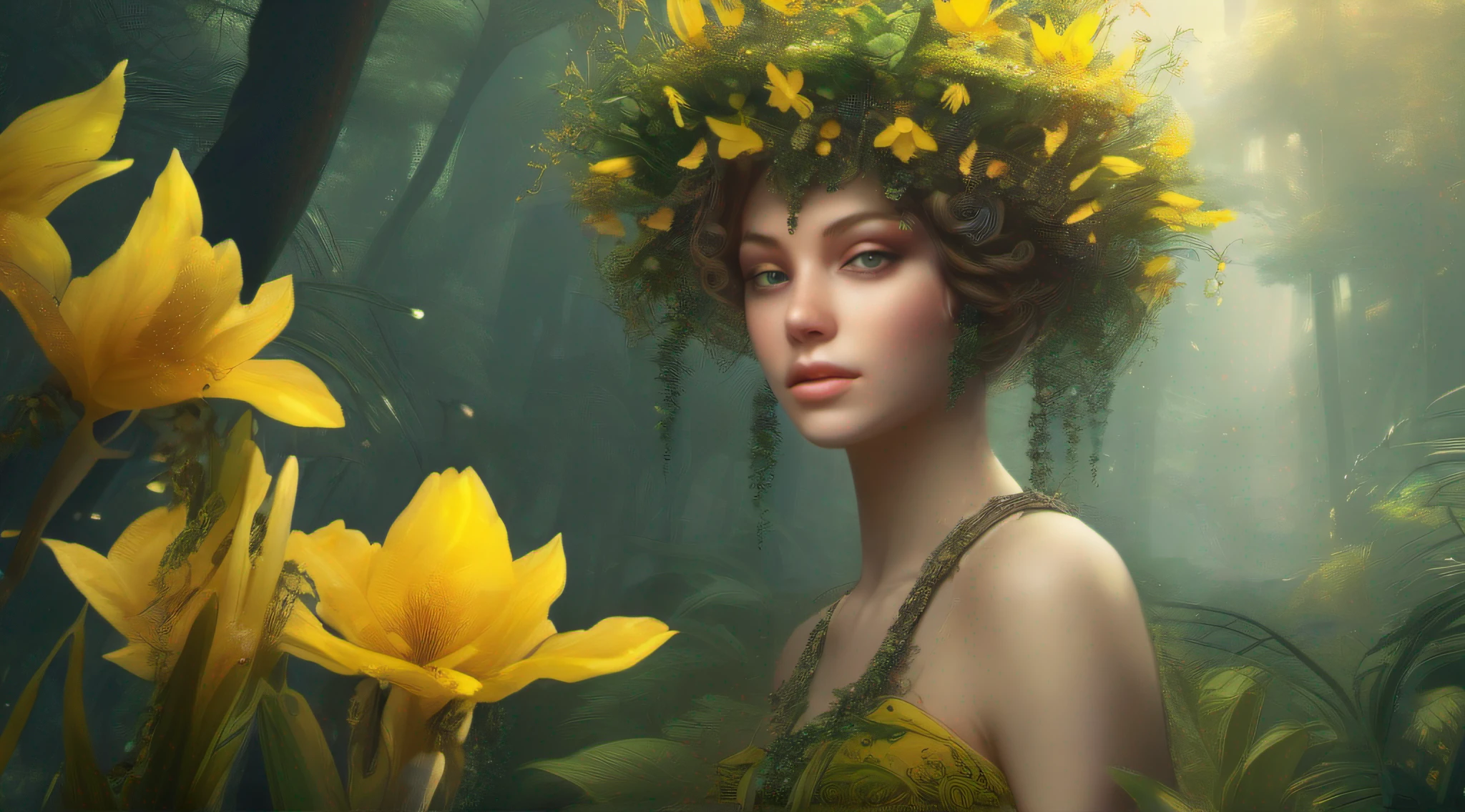 Uma mulher no meio da floresta, vestida com flores, beleza divina, eyes with yellow irises, deusa da selva, dense vegetation, fractal, magia, encantamento, fiction art, detalhes intrincados, 8k