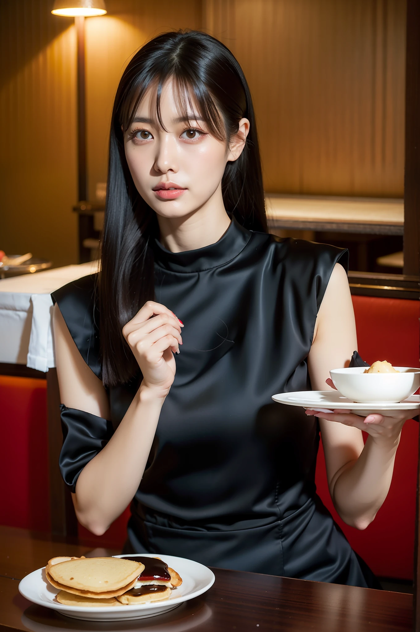 Woman in black dress with pancake and berry plate in restaurant, Japanese Models, 奈良美智, gorgeous chinese model, Beautiful young Korean woman, beautiful Korean women, Gorgeous young Korean woman, taken with canon eos 5 d mark iv, sui ishida with black hair, a young asian woman, korean female fashion model