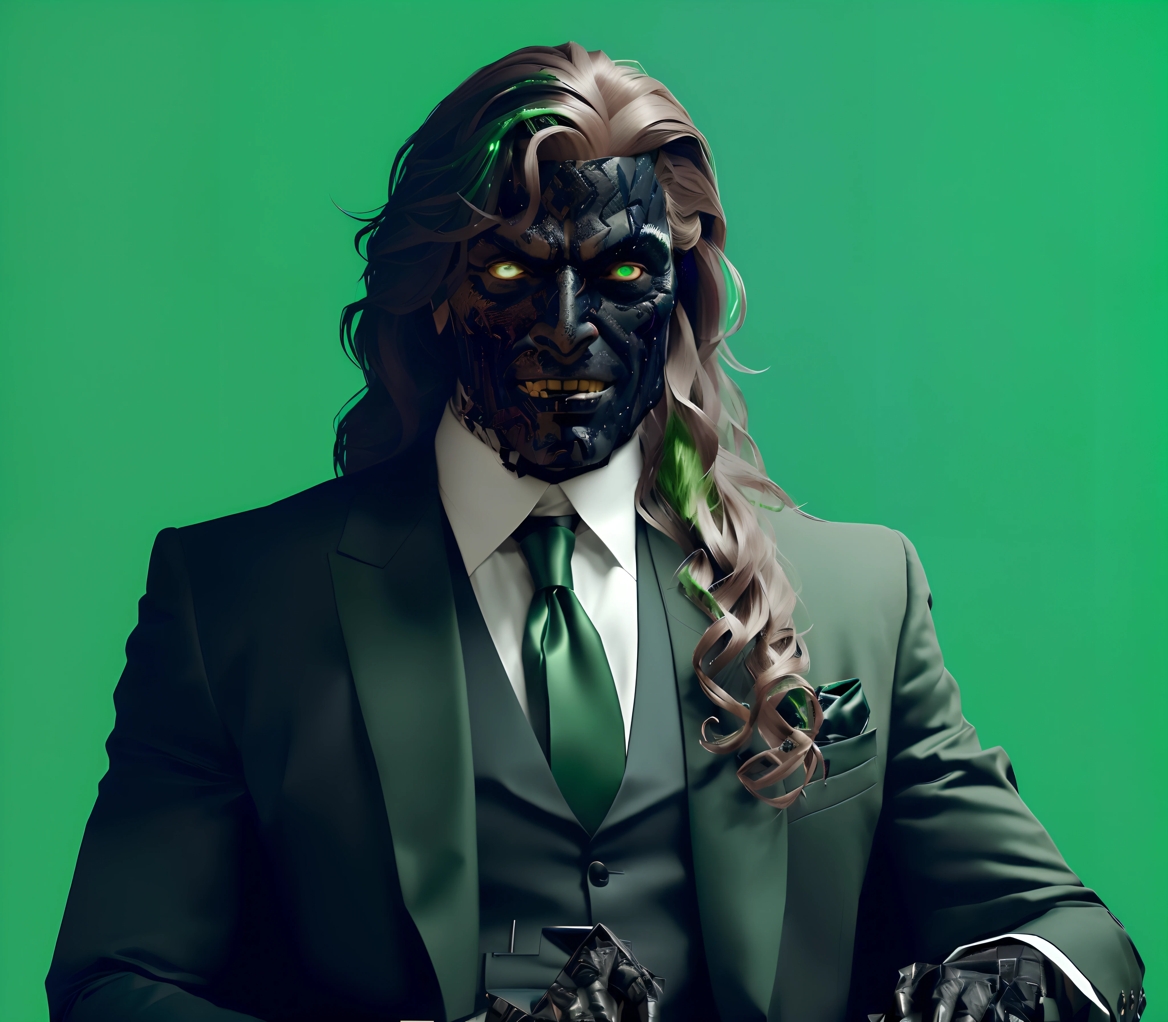 There is a man in a suit and tie with a monstrous face, Ultra realista, amazing portrait of viego, Retrato VFX altamente detalhado, retrato vfx altamente detalhado de, demoniaca, assustador, Arte digital escura, mas detalhada, hq 4k papel de parede, terno escuro, Unreal 5. retrato de rpg, Estilo Felix Englund, pele verde. intrincado, cara verde, Directed by: Derek Zabrocki