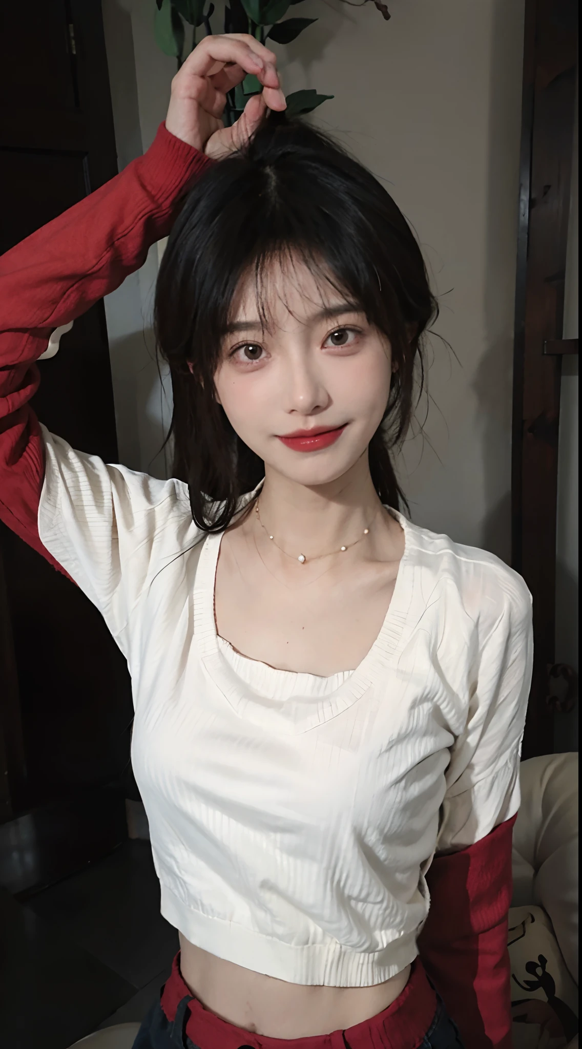 best qualtiy, 超高分辨率, (realisticlying:1.4),cute hairpin,Baoyu Girl,lipsticks,1girll, ,Cropped red sweater,,Beautiful woman with a slim figure:1.4, Abs:1.1, 浴室,Ultra-fine face,Elaborate Eyes,二重まぶた,ssmile,choker necklace