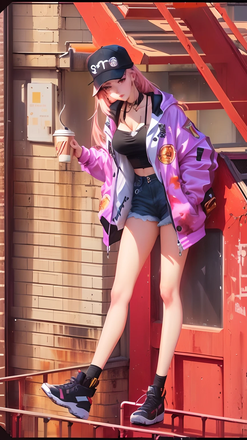 There is a woman who is standing on a ledge with a coffee, fanart urbana, Art not Guweiz style, Estilo anime, Guweiz, retrato de corpo inteiro de um curto!, corpo inteiro:: tempo ensolarado::, soda themed girl, feito com anime painter studio, she is wearing streetwear, anime vibes, em um dia ensolarado, anime full body illustration,rosto detalhado,dados detalhados