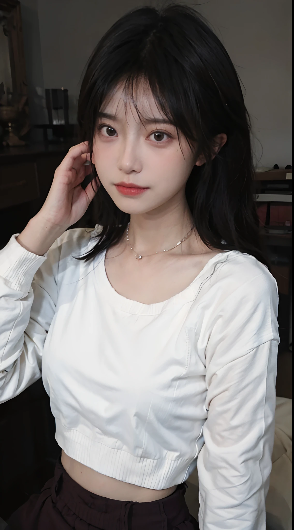 best qualtiy， 超高分辨率， （realisticlying：1.4），cute hairpin，1girll，,Cropped black sweater ，Full of atmosphere，Beautiful woman with a slim figure:1.4, Abs:1.1, 浴室,Ultra-fine face，Elaborate Eyes，二重まぶた，choker necklace