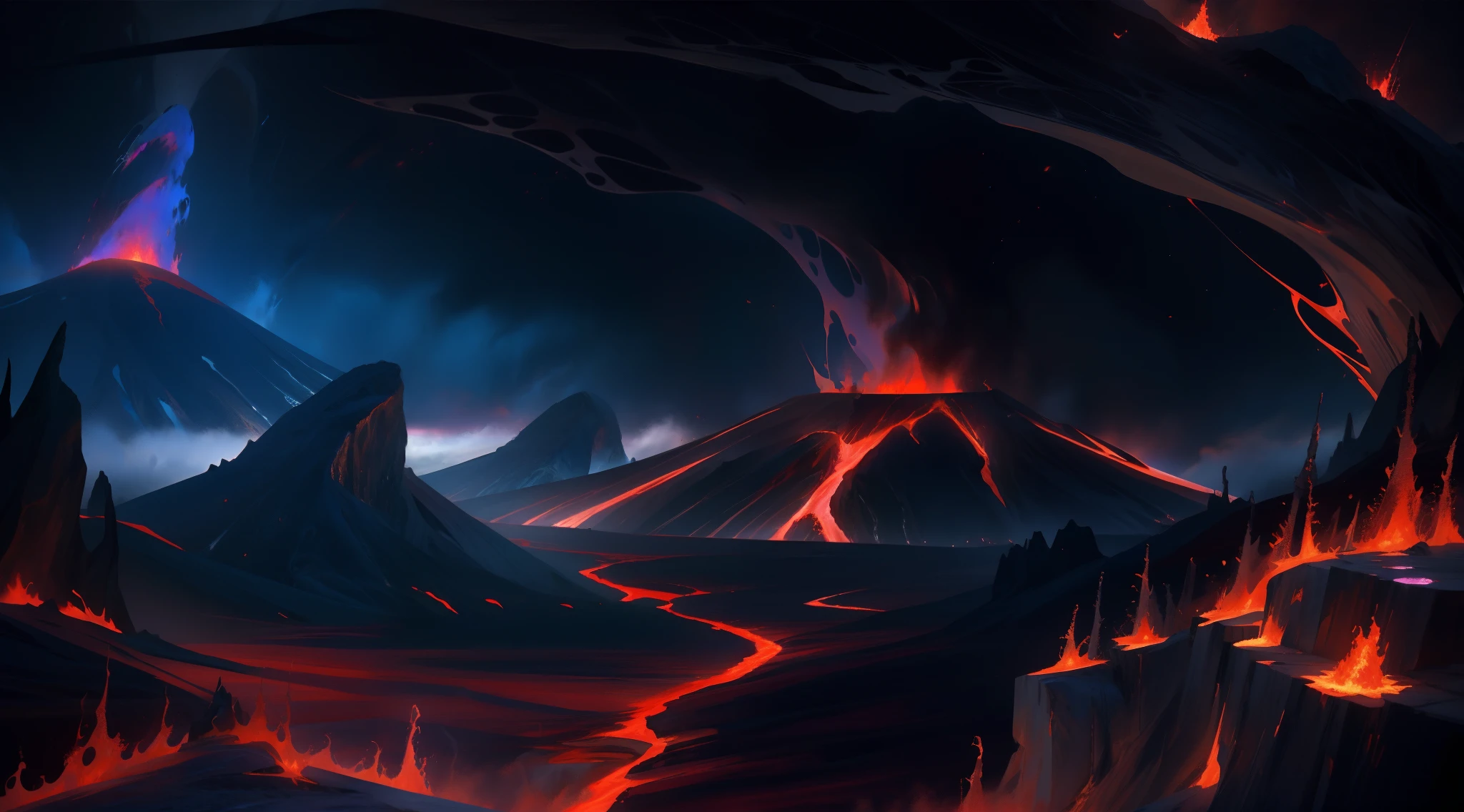 Mountain views of lava and lava, dark volcano background, Magnificent background, impressive fantasy landscape, Terrifying lava landscape, Highly detailed digital art in 4K, volcano landscape, 4K HD wallpapers very detailed, magma and lava, Purple flame