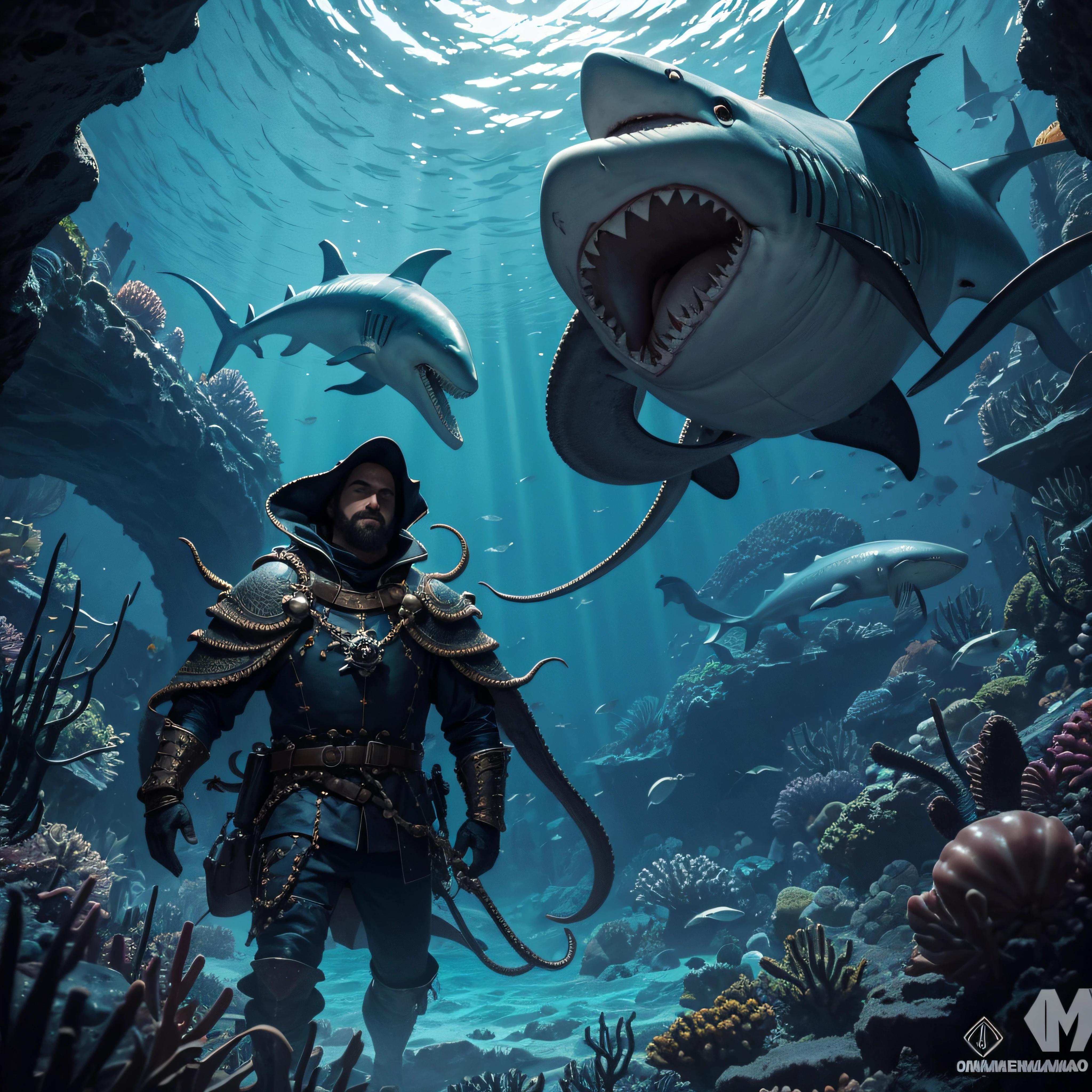 (extremadamente detallado, obra maestra, La mejor calidad, under the ocean), Estilo oscuro, volumetric illumination. armadura medieval, Person with large shark mouth, tentacle, Deformado, imagen submarina, pico de pulpo amenazante. manchas de tinta. Rococo composition. Luz de caravaggio