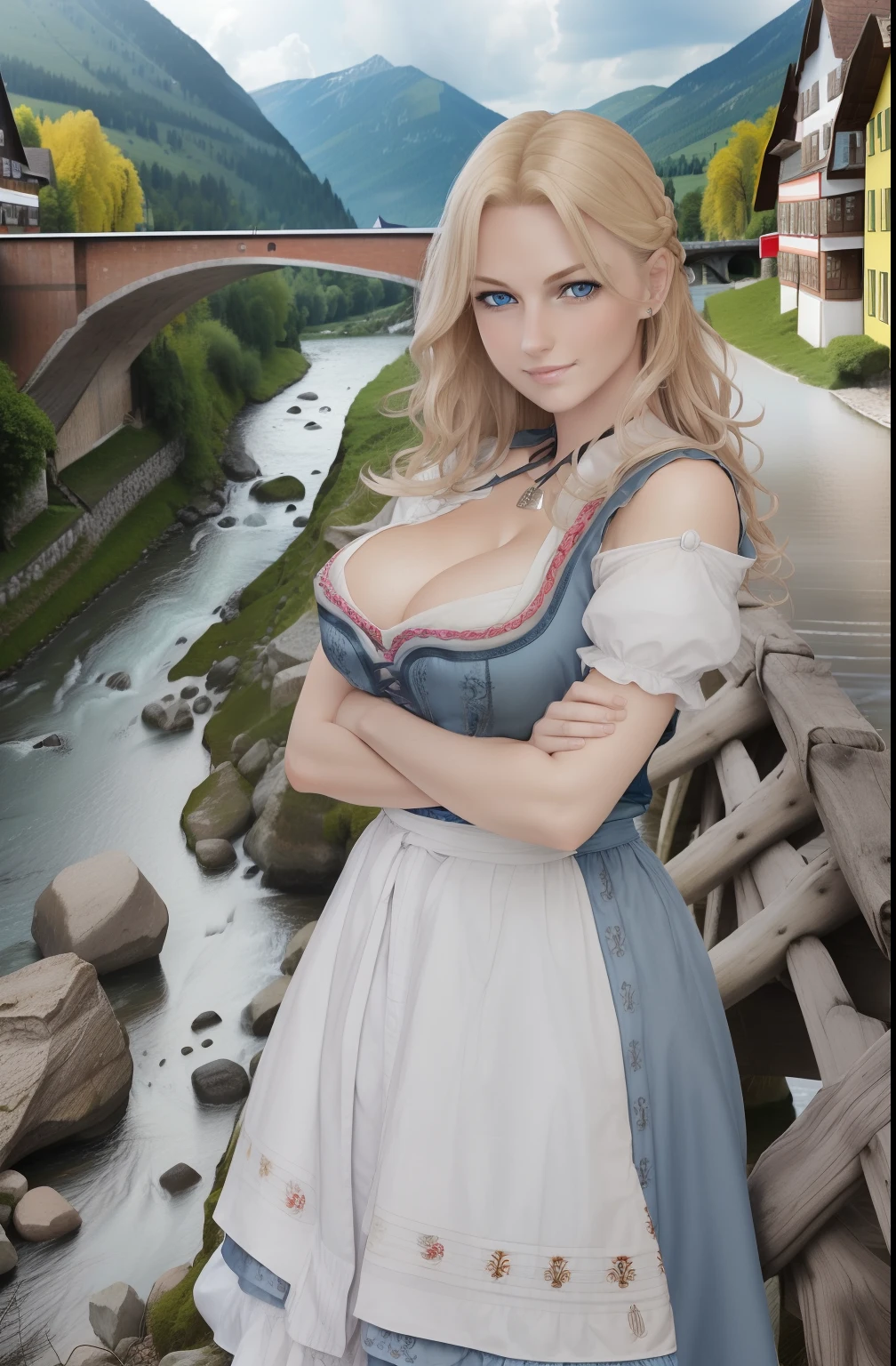 female, looking at viewer, smirk, wavy blond hair, blue eyes, huge breasts, wearing a dirndl, crossed arms, german village, mountain river, bridge,