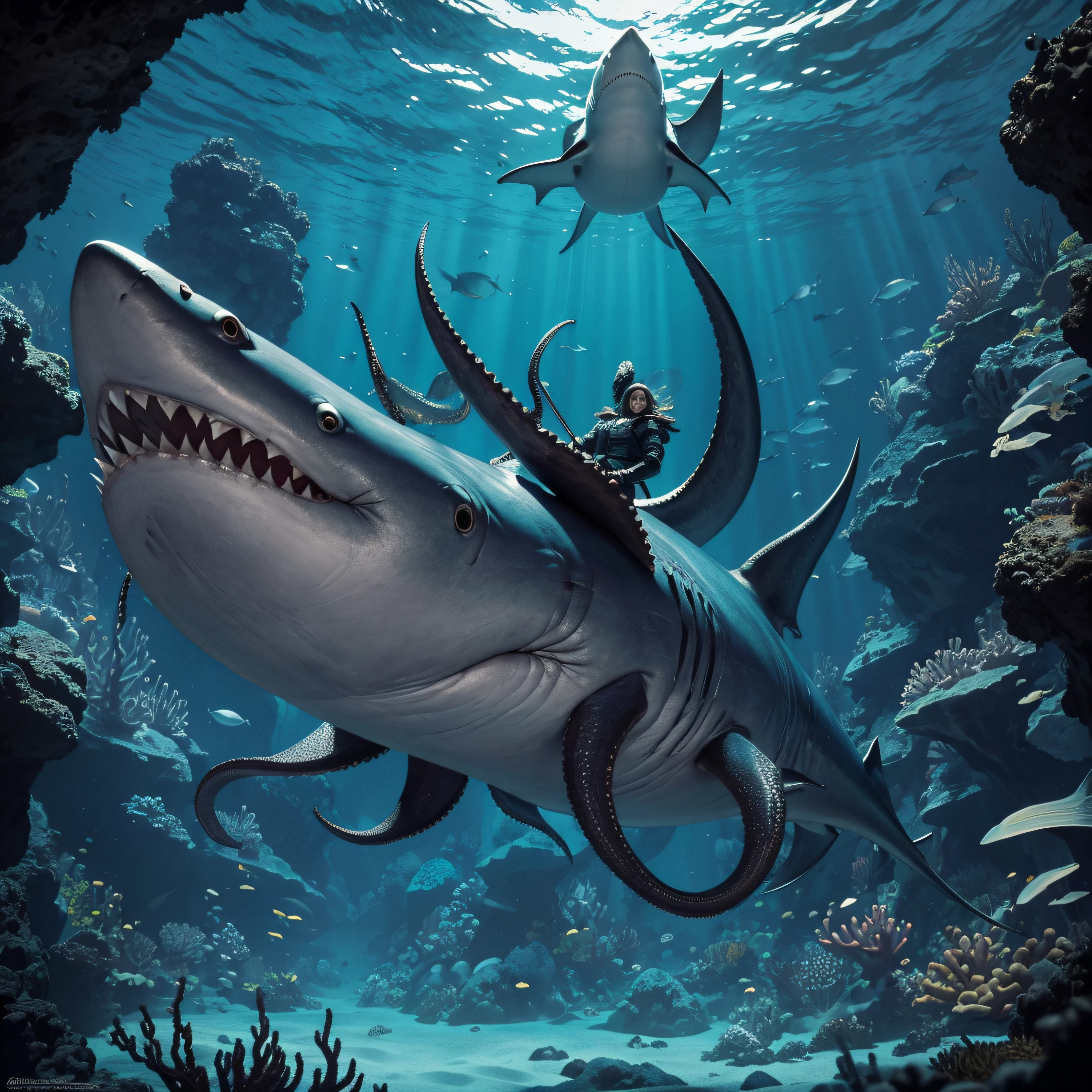 (extremadamente detallado, obra maestra, La mejor calidad, under the ocean), Estilo oscuro, volumetric illumination. armadura medieval, Person with large shark mouth, tentacle, Deformado, imagen submarina, pico de pulpo amenazante. manchas de tinta. Rococo composition. Luz de caravaggio