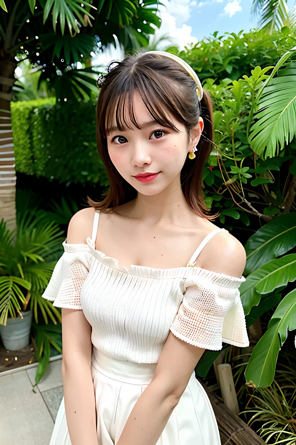 Fashionable photos, editorial photo, 1 Girl Solo, Pretty little girl face, Wearing a ruffled off-shoulder knitted blouse, Japanese Models, 25 years old, No makeup, middlebreasts, At Pineapple Farm